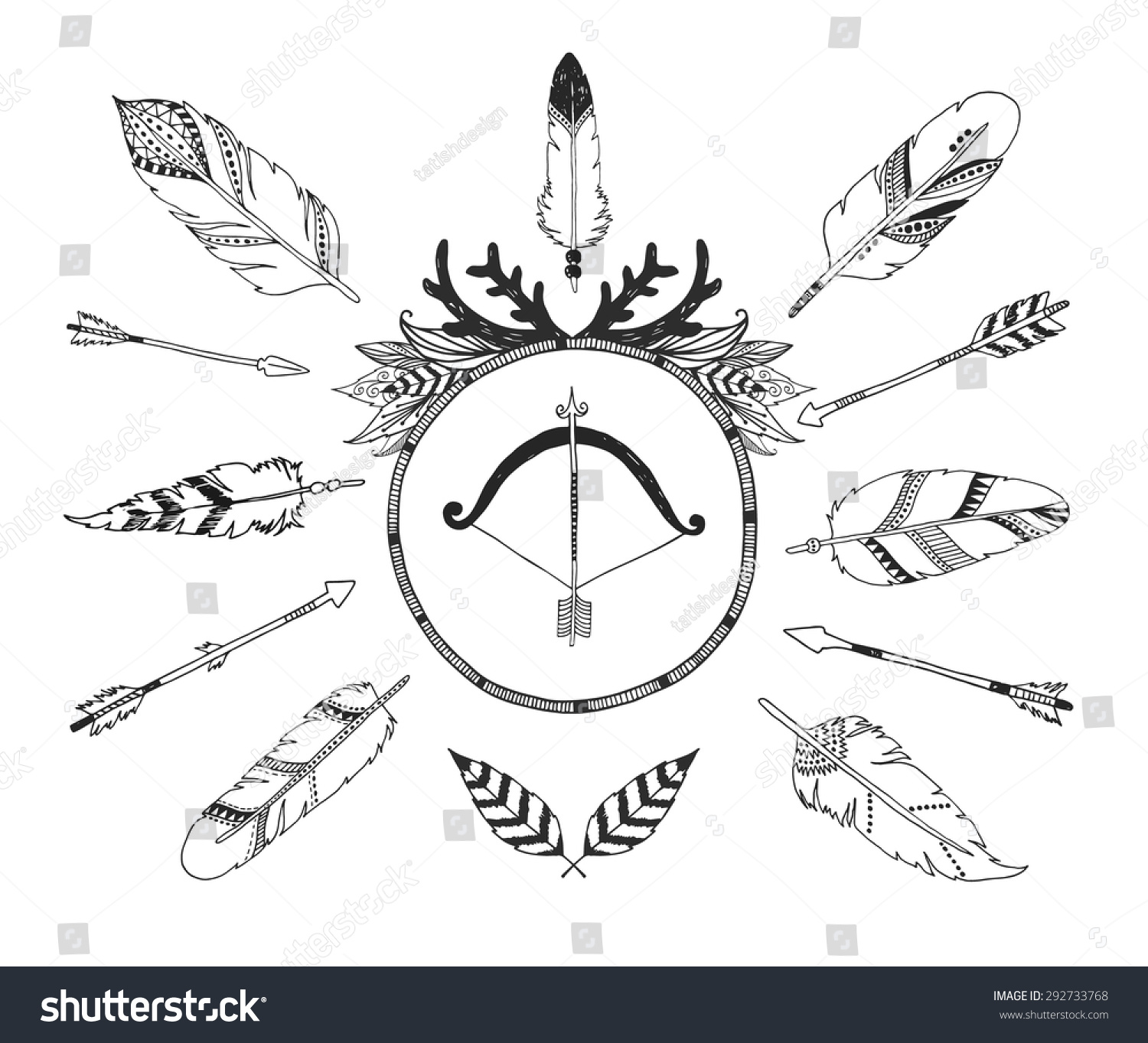 Hand Drawn Tribal Collection Arrows Feathers Stock Vector (Royalty Free ...
