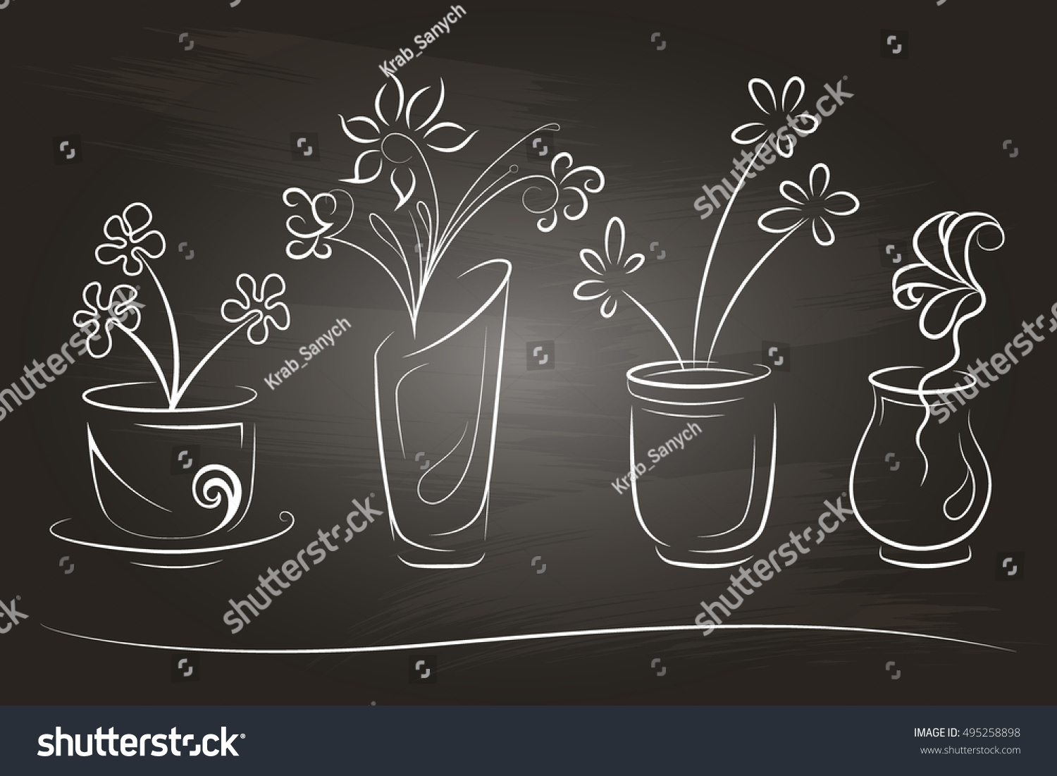 Handdrawn Vases Flowers On Chalkboard Design Stock Vector Royalty