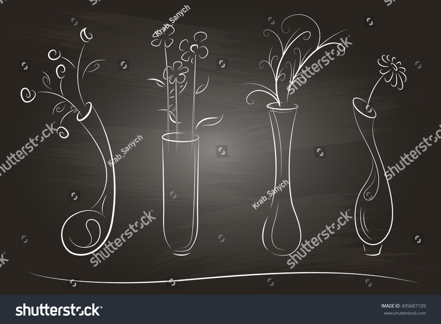 Handdrawn Vases Flowers On Chalkboard Design Stock Vector Royalty