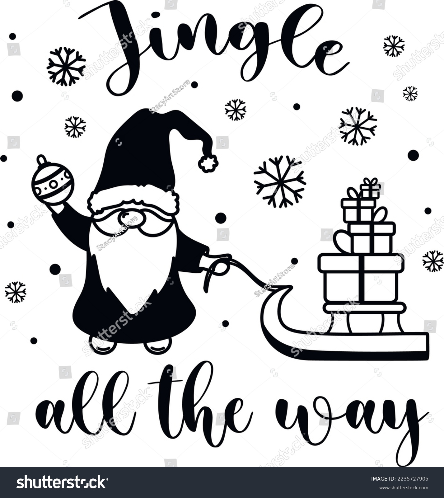 SVG of Hand Drawn Vector Christmas Gnome SVG Illustration Set Isolated on White. Jingle All The Way Quote Composition Perfect for Cut Designs, Cutting Boards, T-shirt, Printing, Greetings and Craft Designs svg