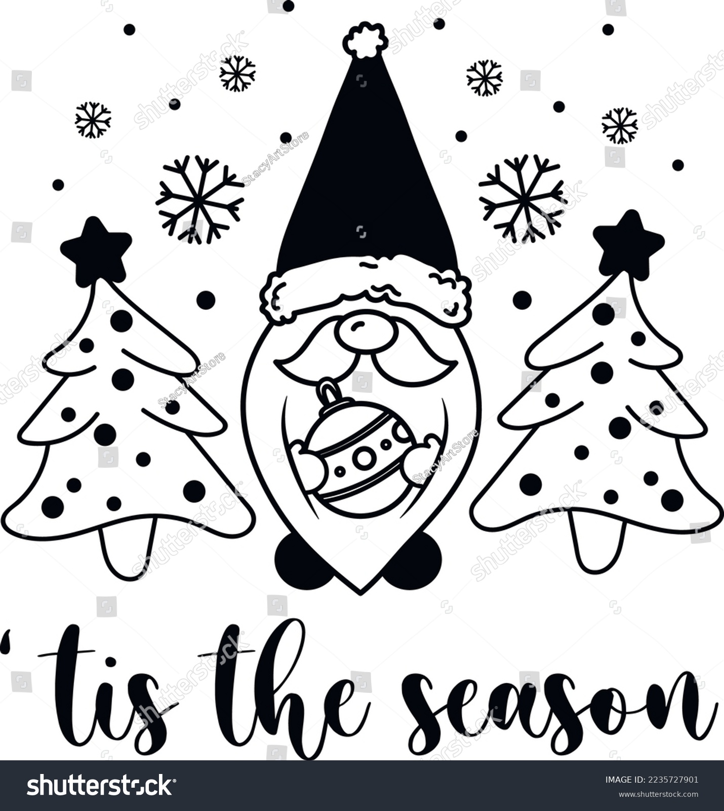 SVG of Hand Drawn Vector Christmas Gnome SVG Illustration Set Isolated on White. Tis The Season Quote Composition Perfect for Cut Designs, Cutting Boards, T-shirt, Printing, Greetings and Craft Designs svg