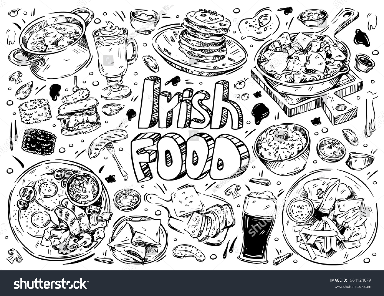 SVG of Hand drawn vector illustration. Doodle Irish food: colcannon, potatoes, boxty, dexter beef, grill meat, wurst, beer, coffee, bacon, bread svg