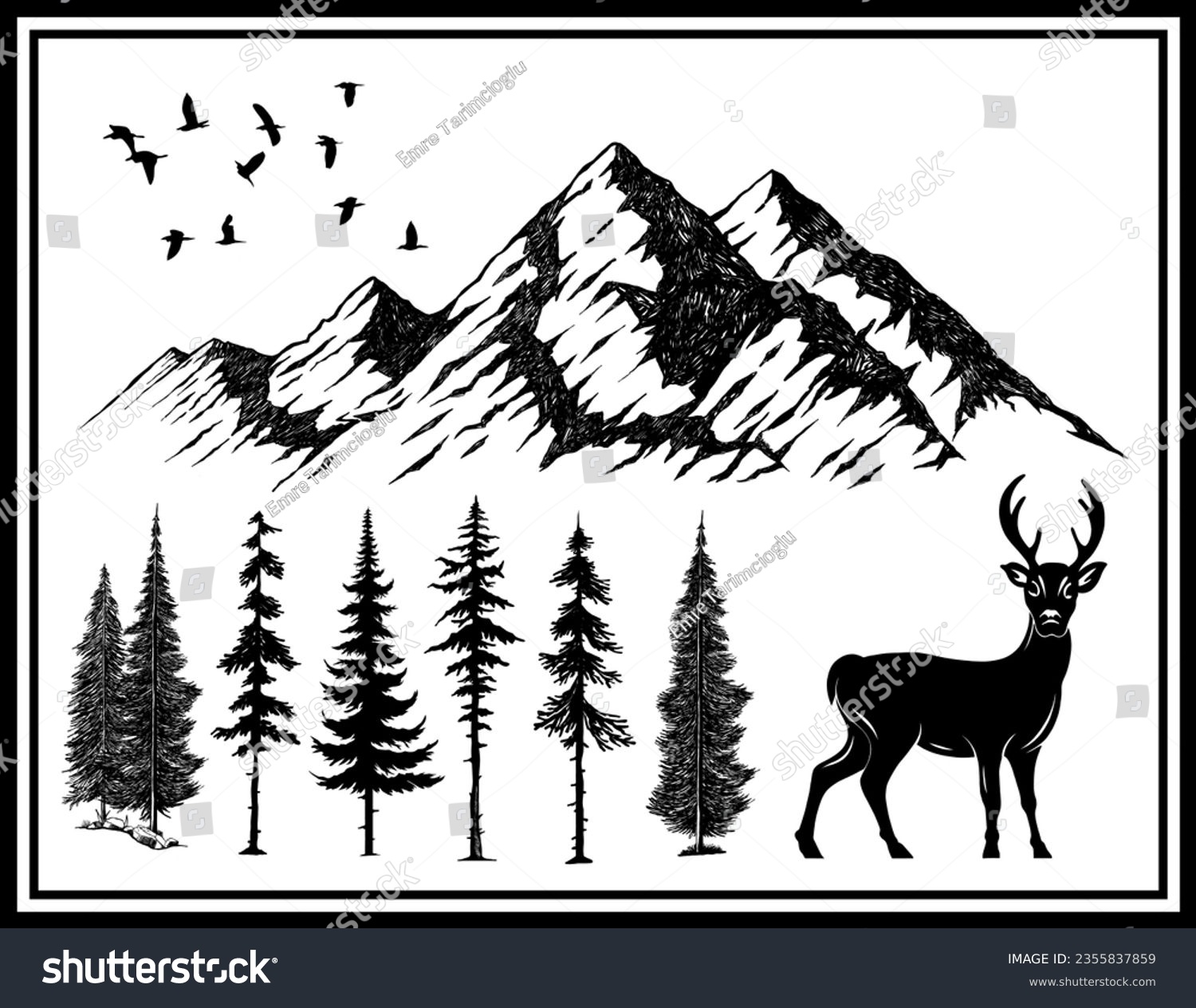 SVG of Hand Drawn vector illustration of nature mountain pine trees deer board svg