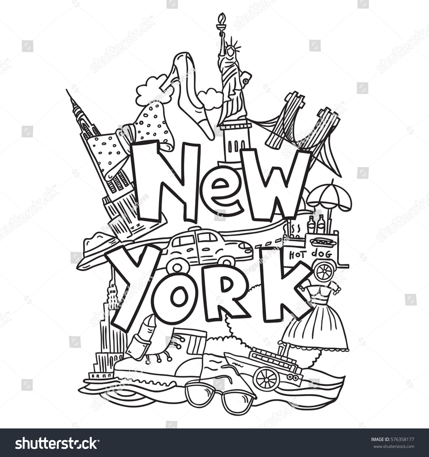 Hand drawn vector illustration with symbols of New York City statue of liberty hot