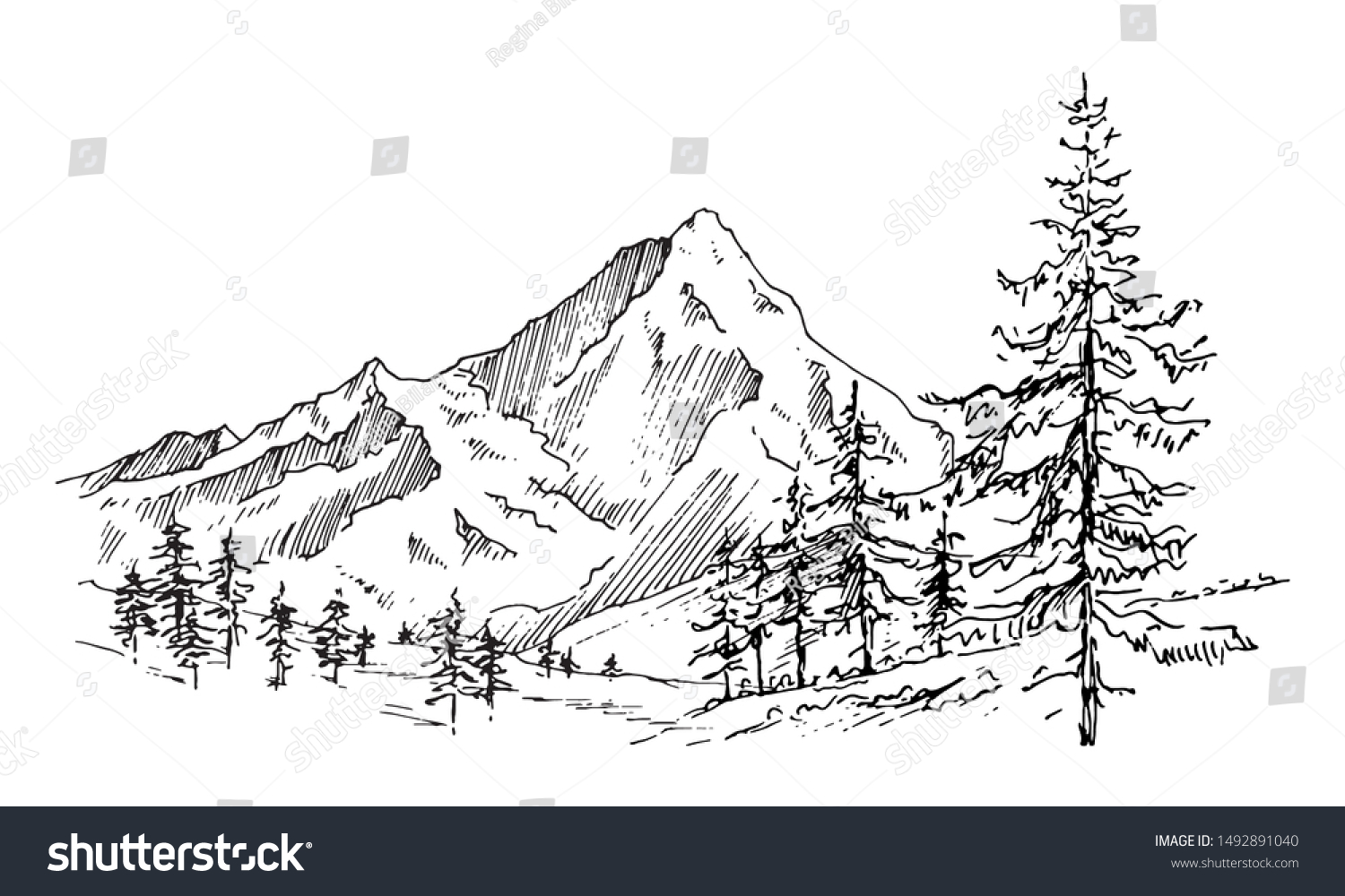 Hand Drawn Vector Landscape Mountains Trees Stock Vector (Royalty Free ...