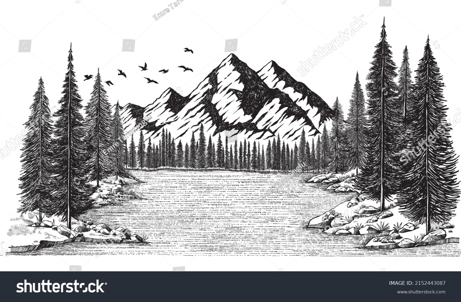 Hand Drawn Vector Mountain Lake Forest Stock Vector (Royalty Free ...