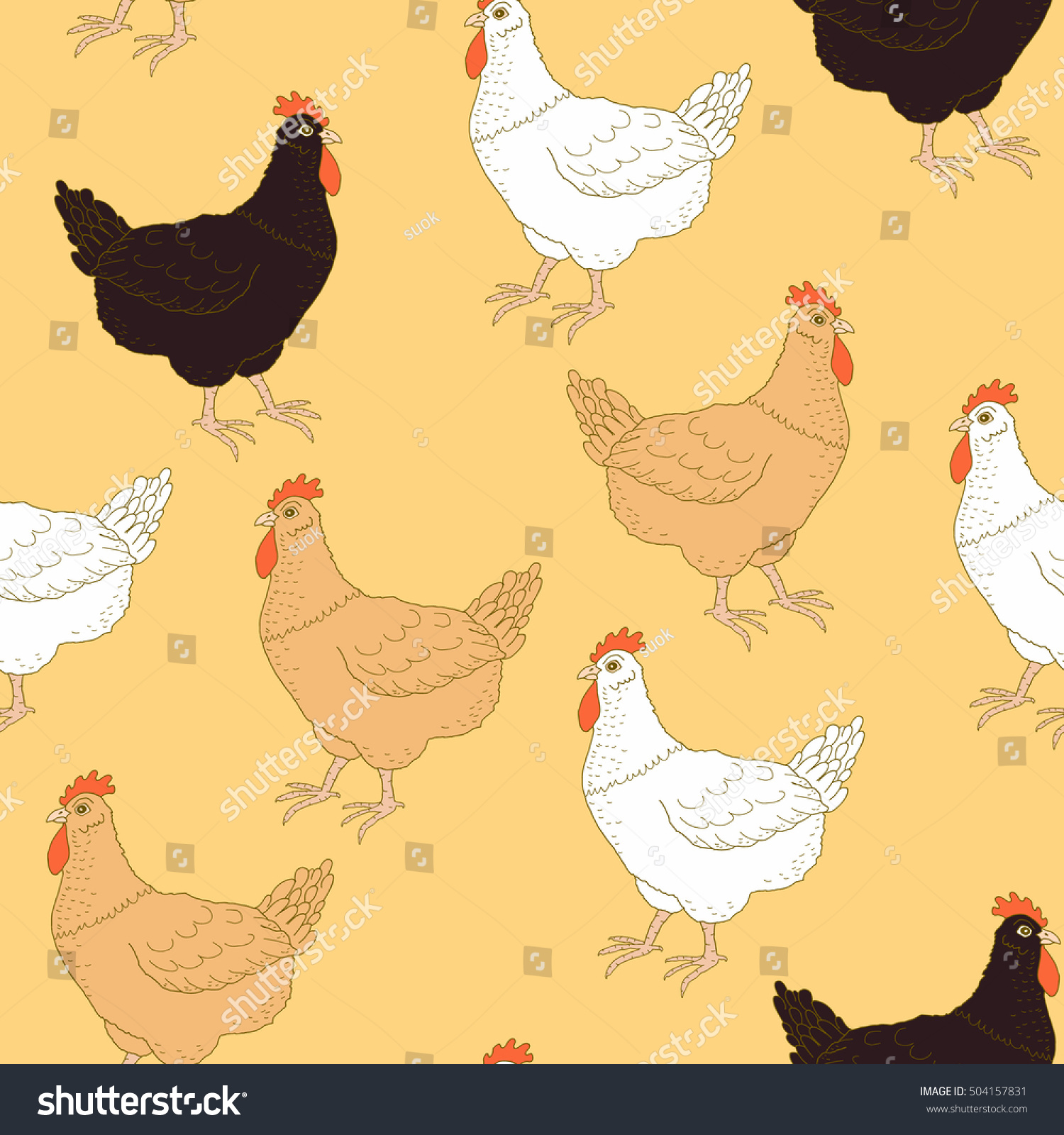 Hand-Drawn Vector Seamless Pattern With Different Colored Chickens On ...