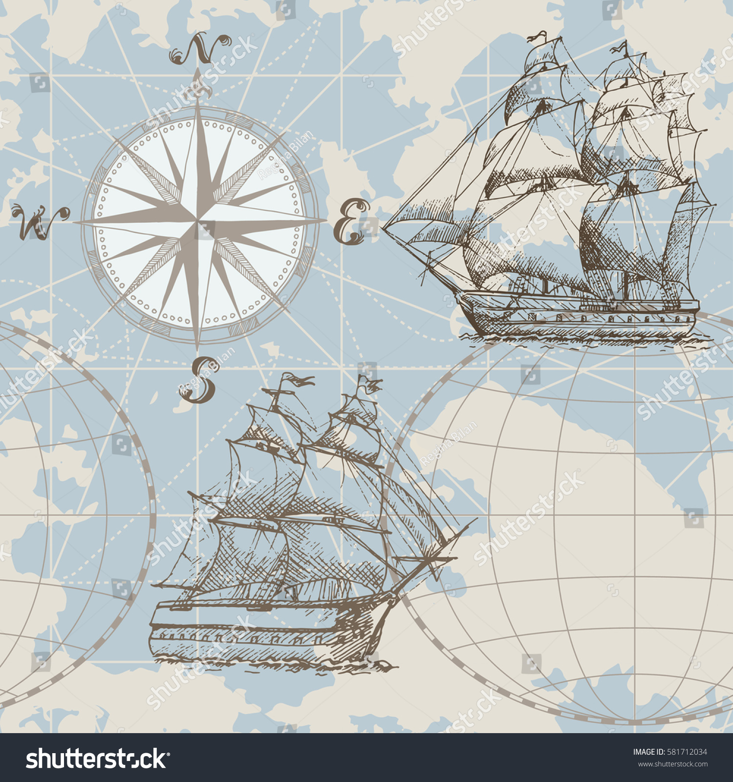 手描きのシームレスな海図とコンパスと帆船 織物 壁紙 印刷に最適 のベクター画像素材 ロイヤリティフリー