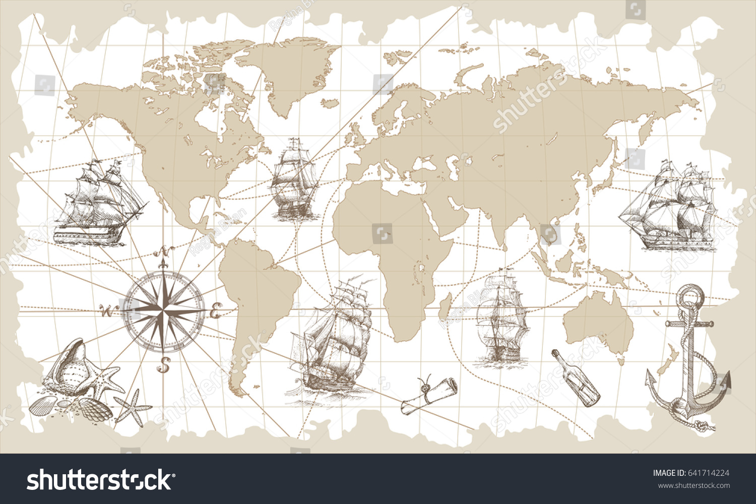 SVG of Hand drawn vector world map with compass, anchor and sailing ships in vintage style. Perfect for textiles, wallpaper and prints. svg