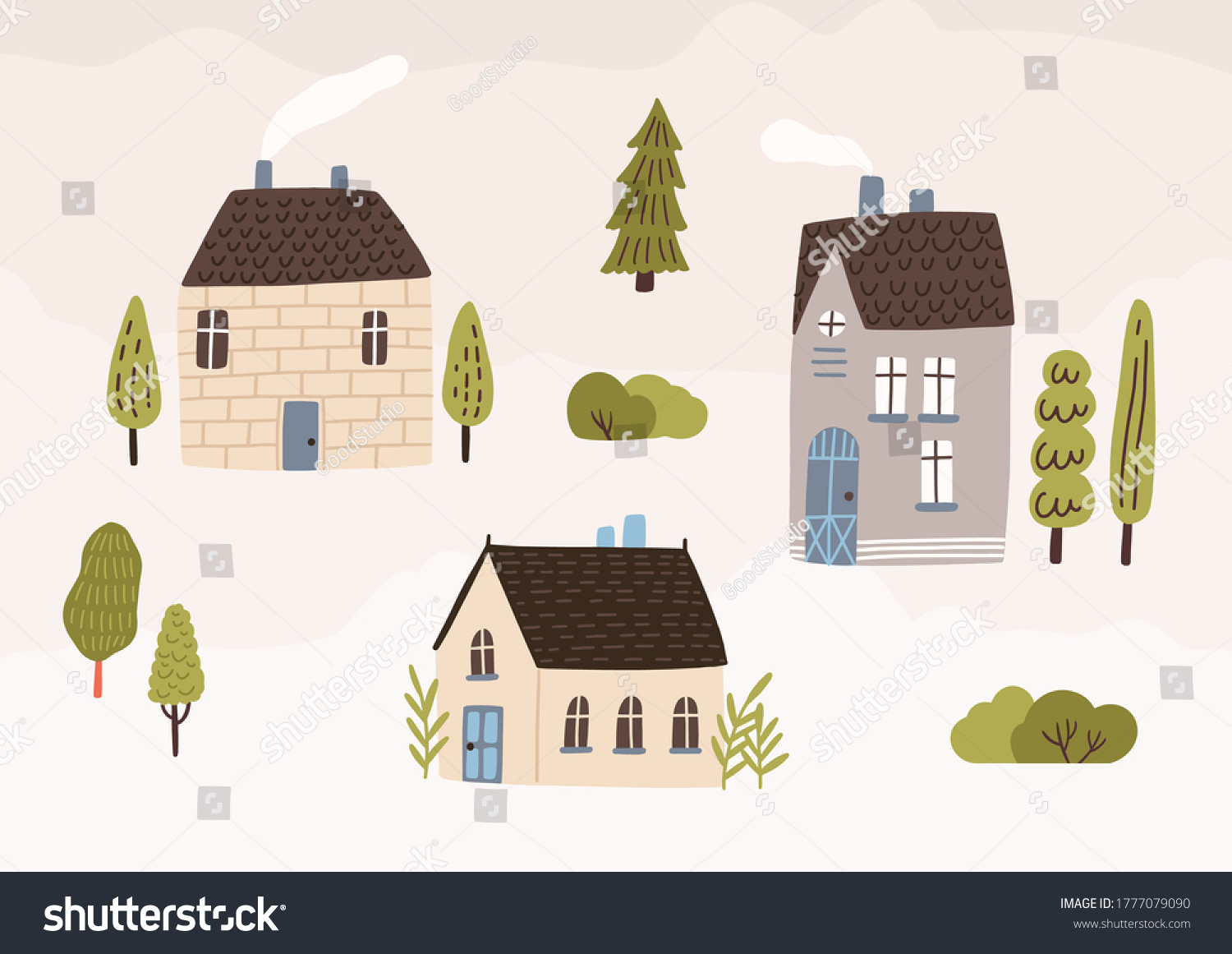 SVG of Hand drawn village with houses and trees vector flat illustration. Colorful cozy buildings with smoke from the chimney. Residential homestead, cottage or villa surrounded by green plants svg