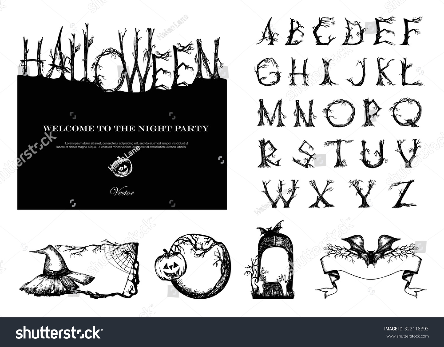 SVG of Hand Drawn Vintage Halloween Vector Set. Font with broken trees. 4 banners, card design. svg