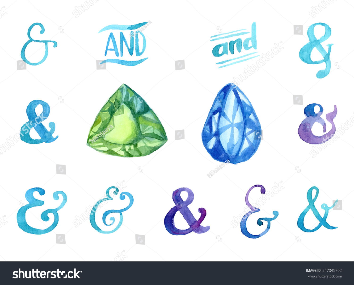 SVG of Hand drawn watercolor ampersands and gemstones set for your design svg