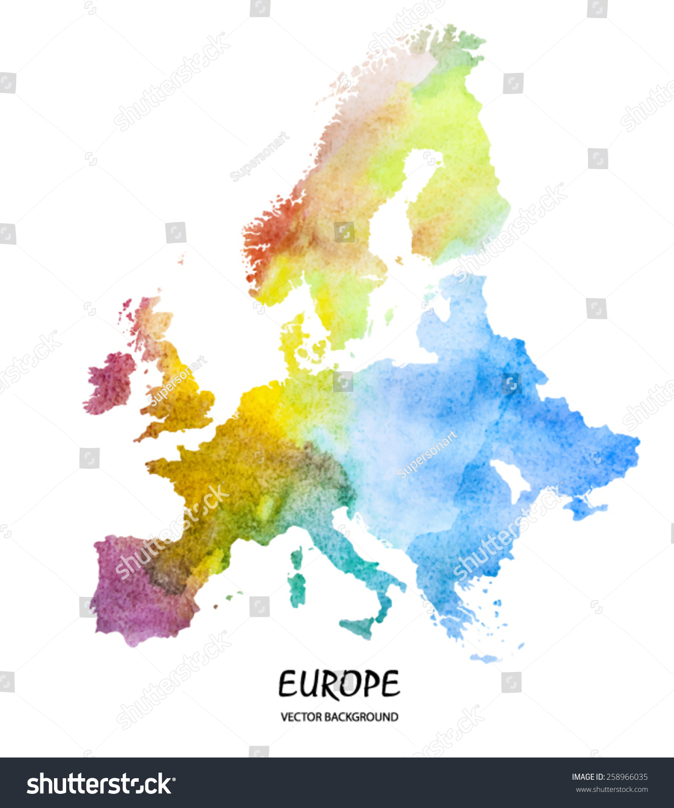 Hand Drawn Watercolor Map Europe Isolated Stock Vector (Royalty Free) 258966035