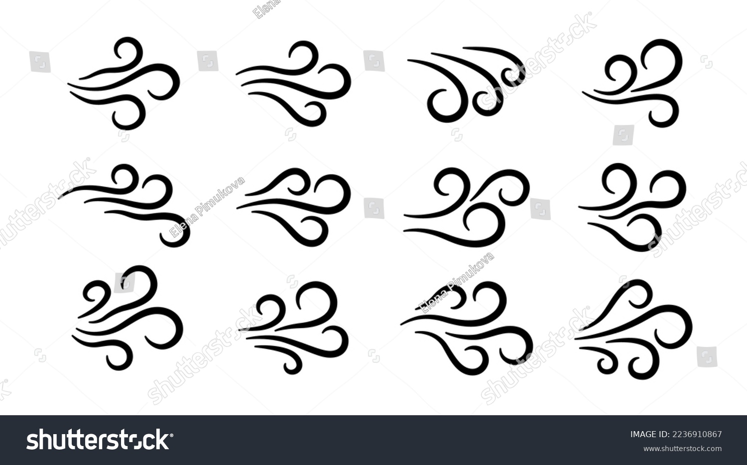 SVG of Hand drawn wind air flow icon set. Free breath symbol. Fresh air flow sign. Doodle wind blow icons collection. Weather symbol. Climate design element. Vector illustration isolated on white background. svg
