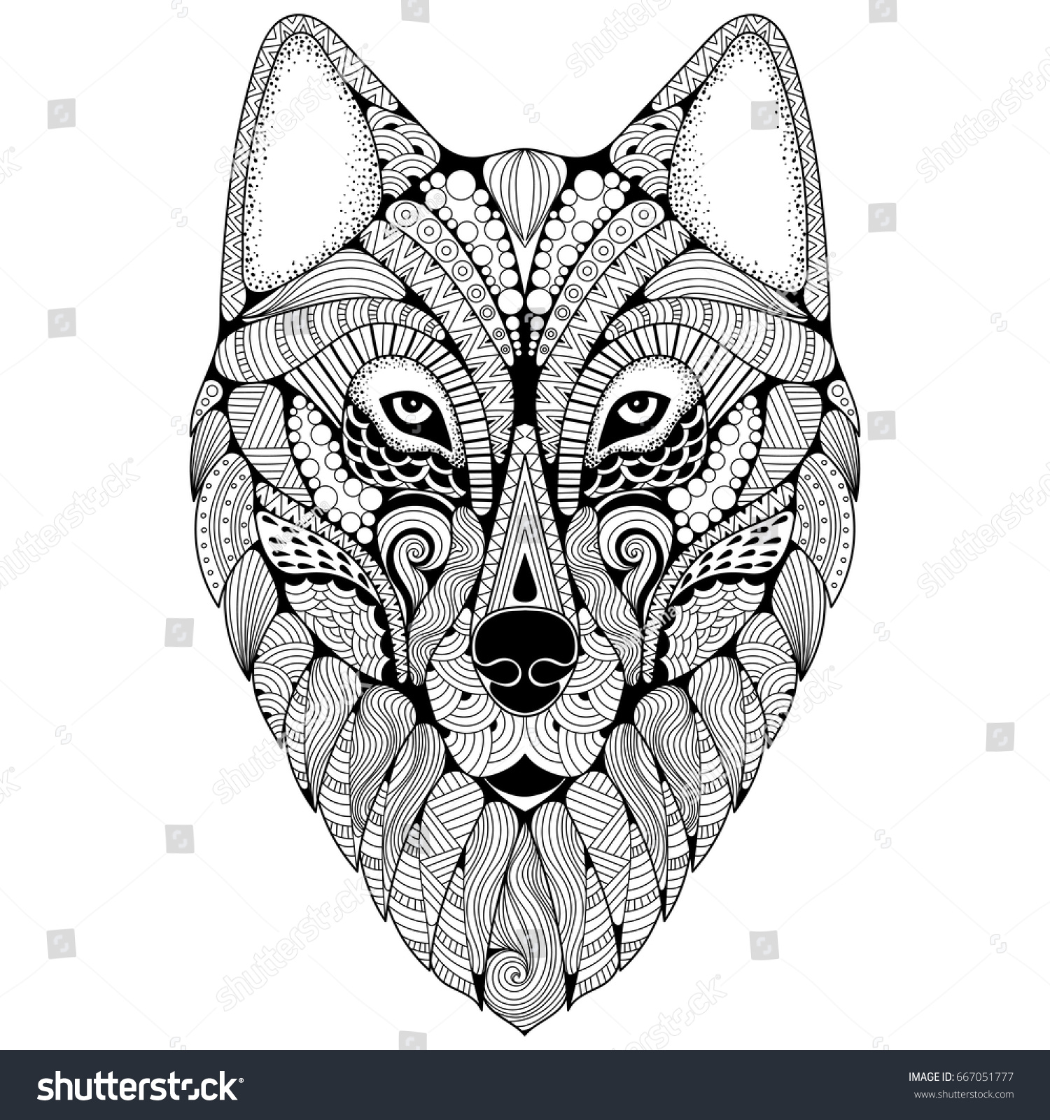 Handdrawn Wolf Ethnic Floral Doodle Pattern Stock Vector (Royalty Free