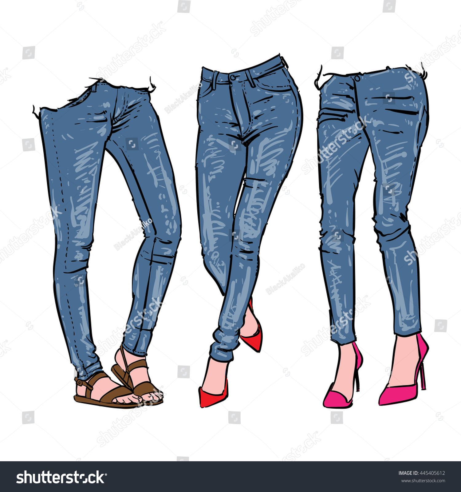 Hand Drawn Womens Fashionable Denim Jeans Stock Vector 445405612 ...