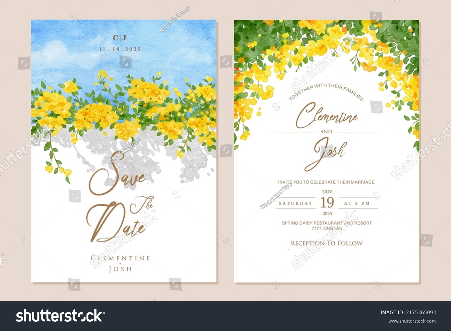 SVG of Hand drawn yellow bougainvillea flower bloom wedding invitation set template svg