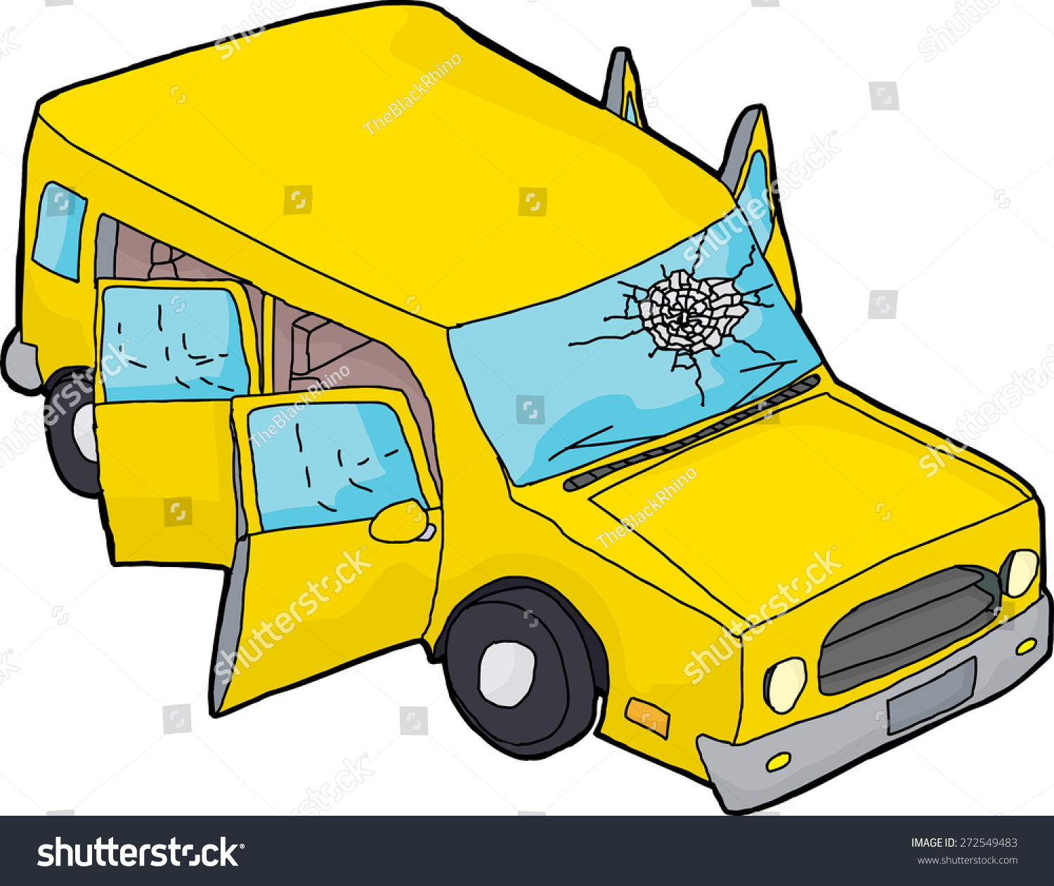recommend clip art: Hand drawn yellow SUV with open doors and broken windshield