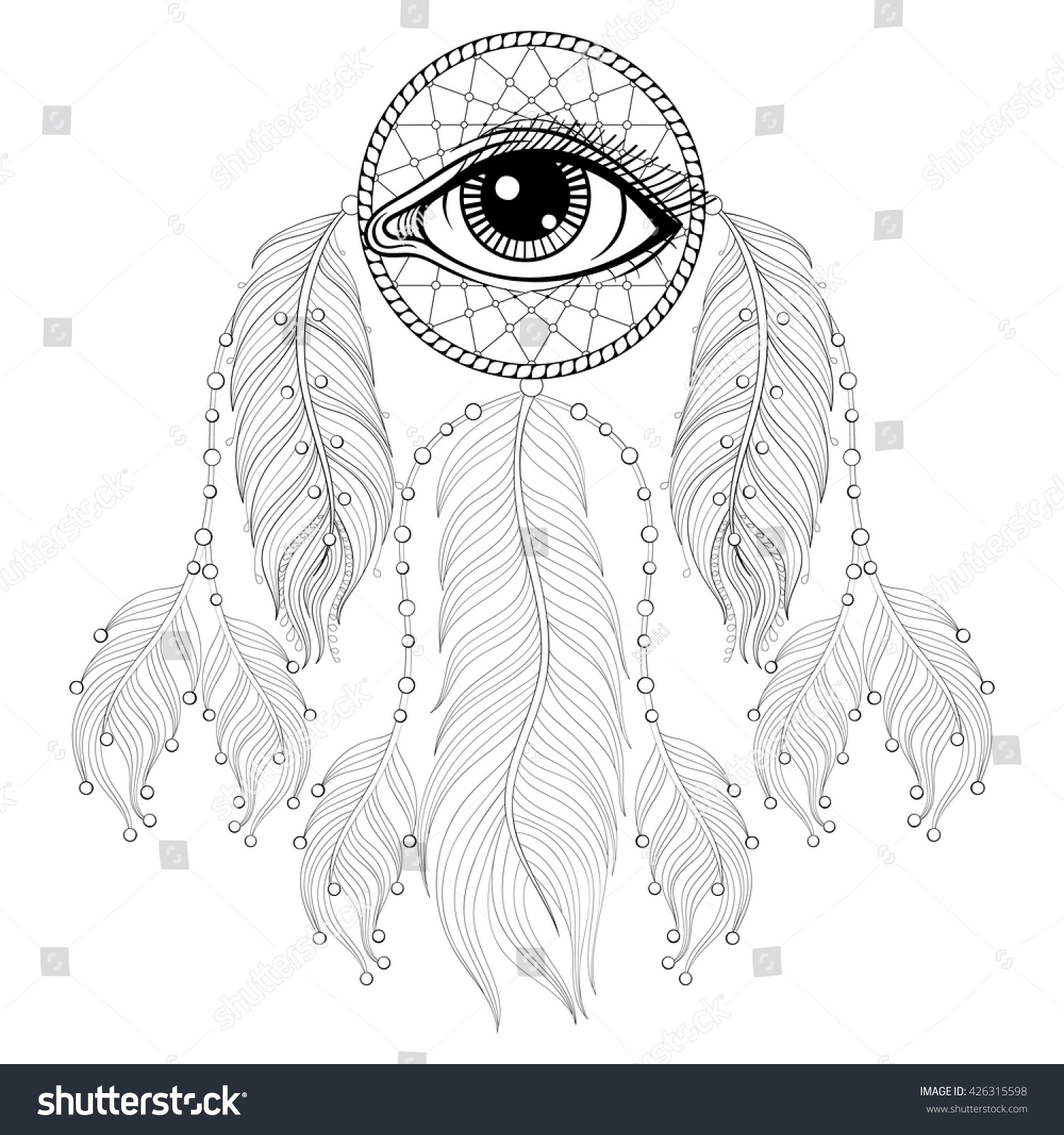 Hand drawn zentangle bohemian Dreamcatcher with Eye Native American Indian talisman for adult coloring pages