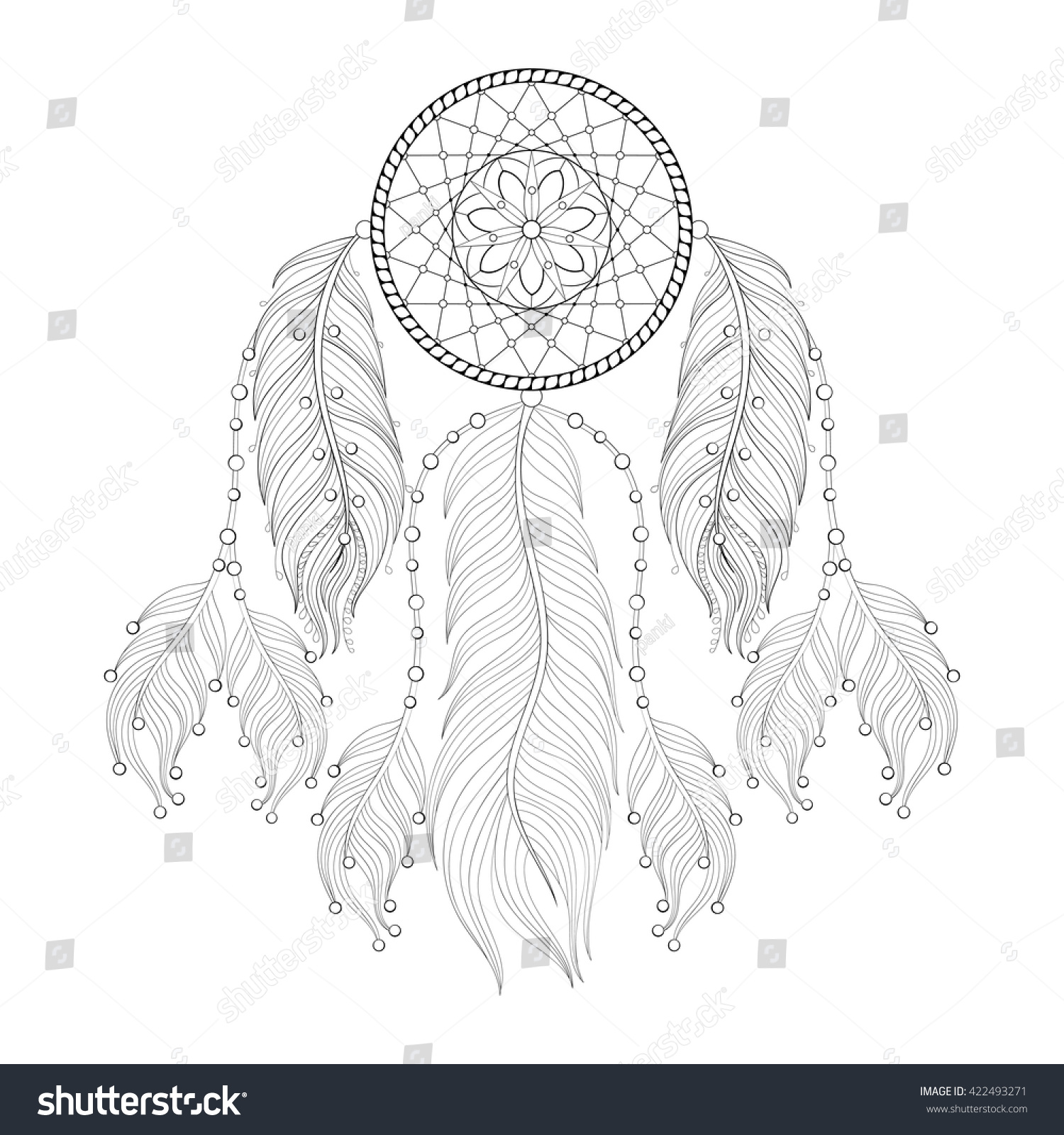 Hand drawn zentangle Dream catcher with mehendi mandala feathers for adult coloring pages post