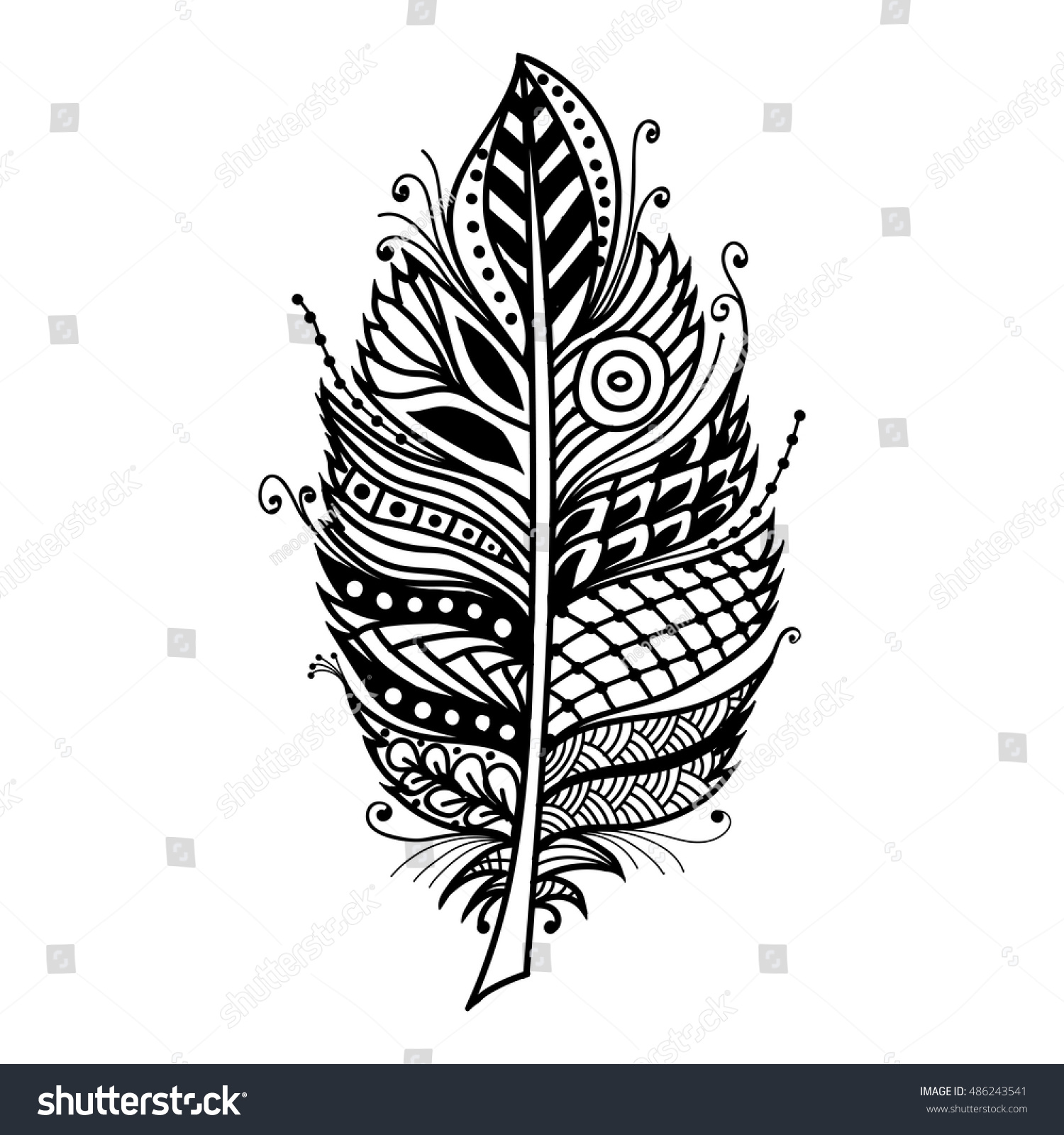 Hand Drawn Zentangle Feather On White Stock Vector (Royalty Free) 486243541
