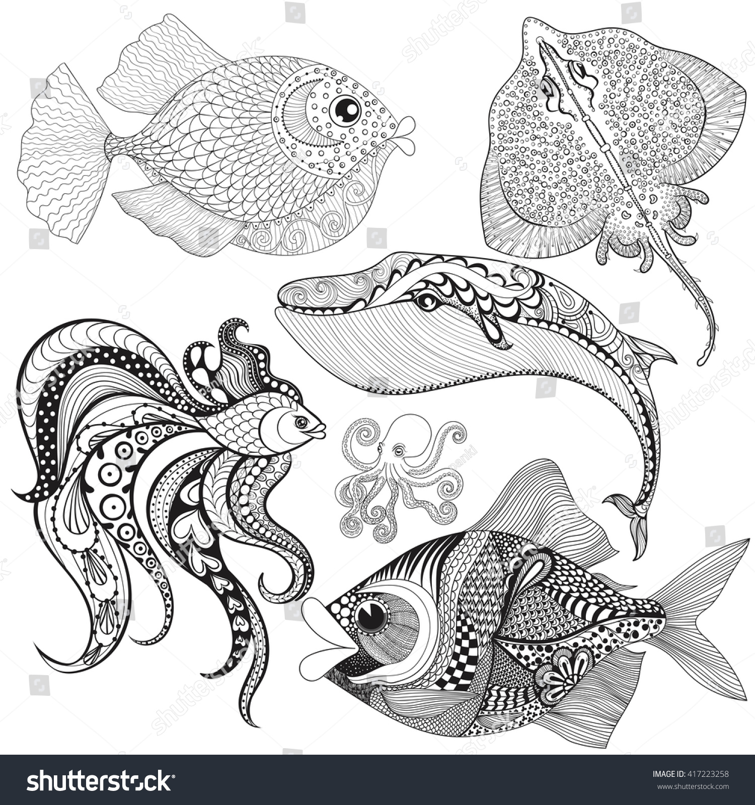 Hand Drawn Zentangle Fishes Whale Octopus Stingray For Adult Colouring Pagesmehendi