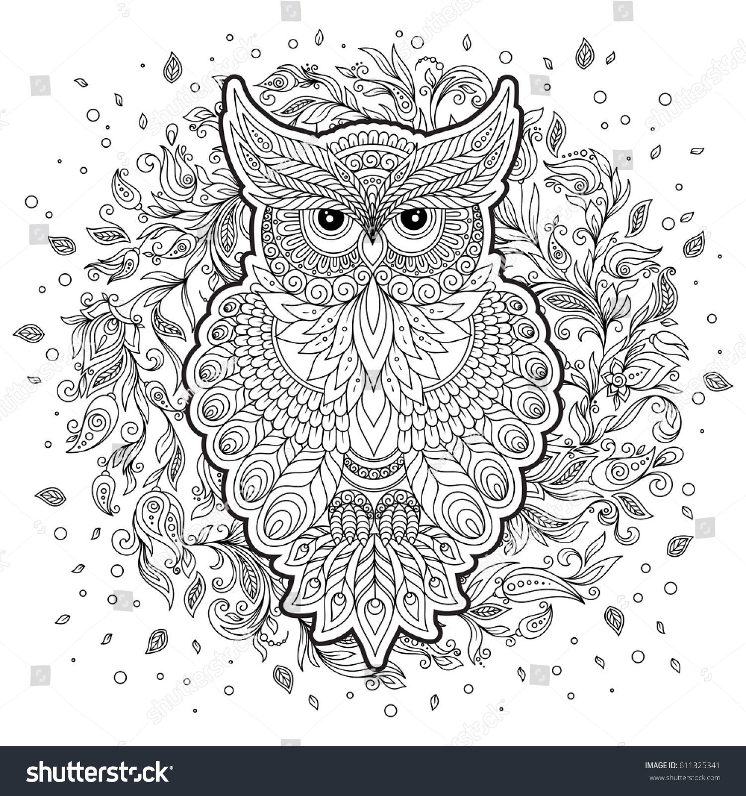 Hand Drawn Zentangle Owl Bird Totem Stock Vector (Royalty Free) 611325341