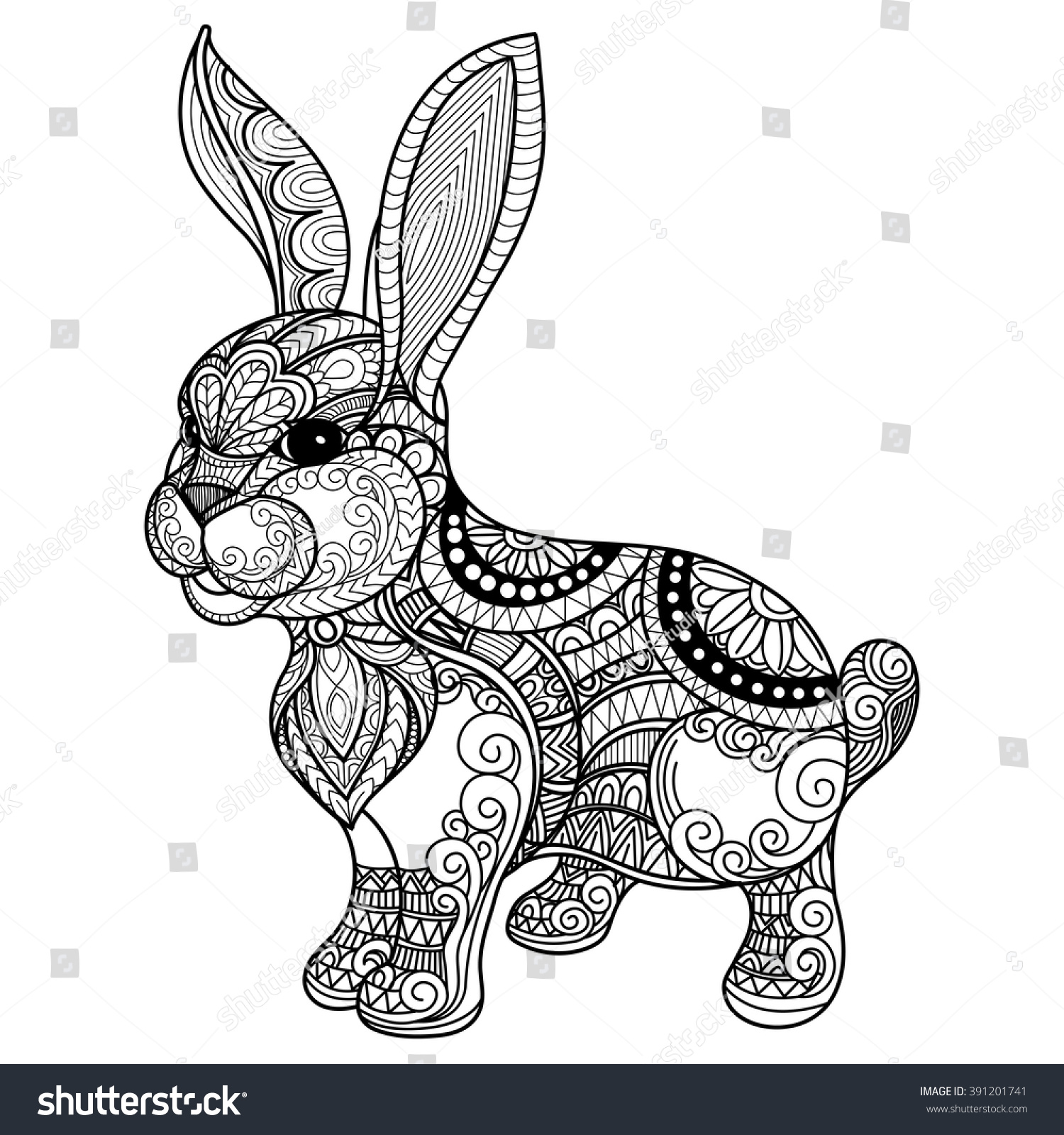 Hand Drawn Zentangle Rabbit Coloring Book Stock Vector 391201741