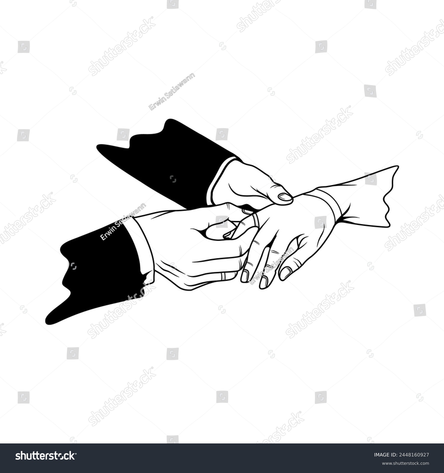 SVG of hand gesture of a man putting a ring on a woman's ring finger, putting on a ring black and white svg
