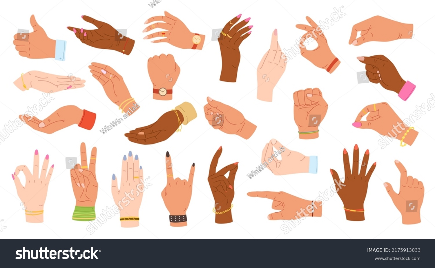 SVG of Hand gestures. Human hands hold, point and grip. Multiethnic hands with accessories on wrists vector Illustration set. Female and male characters wearing rings, bracelet and watch using body language svg