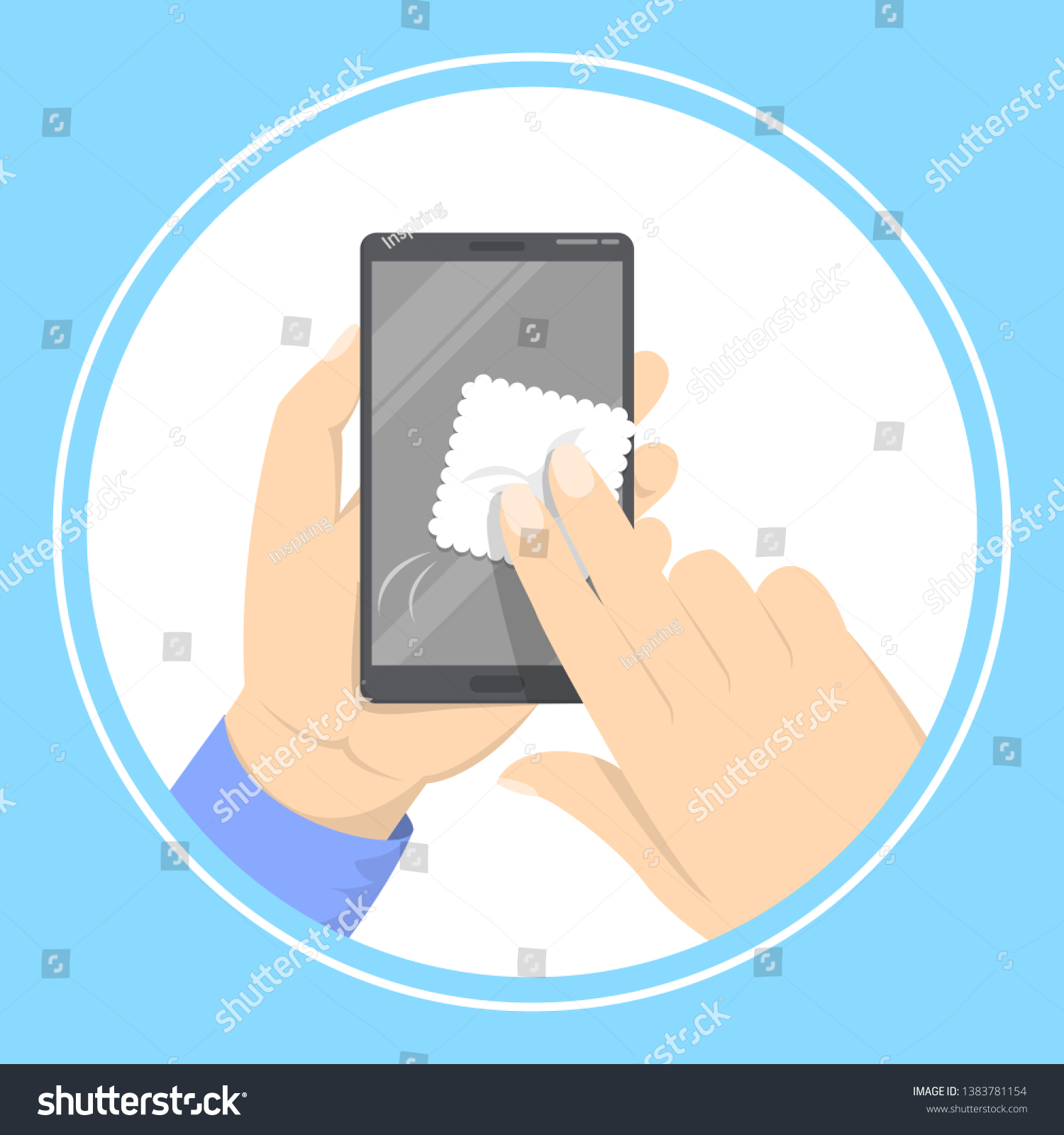 Hand Holding Cleaning Mobile Phone Screen Stock Vector (Royalty