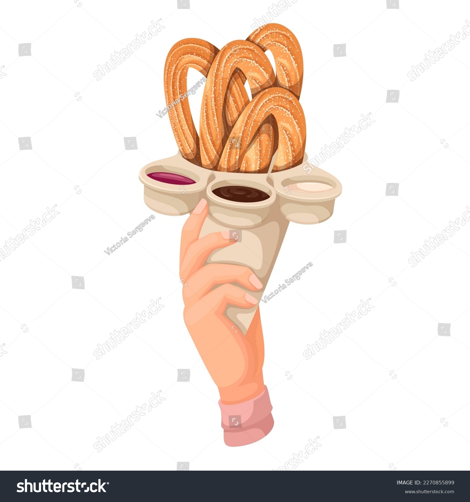 SVG of Hand holding churros in cone bag with different sauces vector illustration. Cartoon isolated hand of person eating dessert of street food restaurant menu, pile of churro sticks with sweet dips svg
