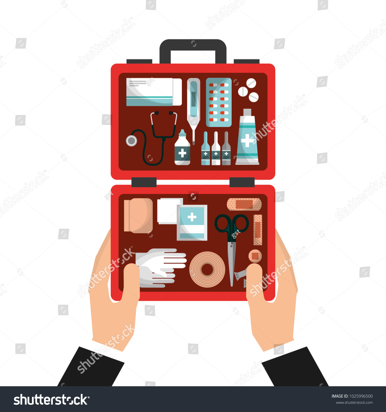 red first aid kit held by hands clip art preview