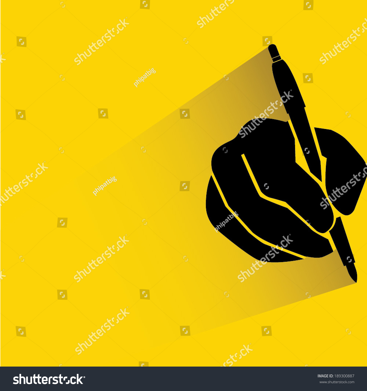 Hand Holding Pen, Writing On Yellow Background, Flat And Shadow Style ...