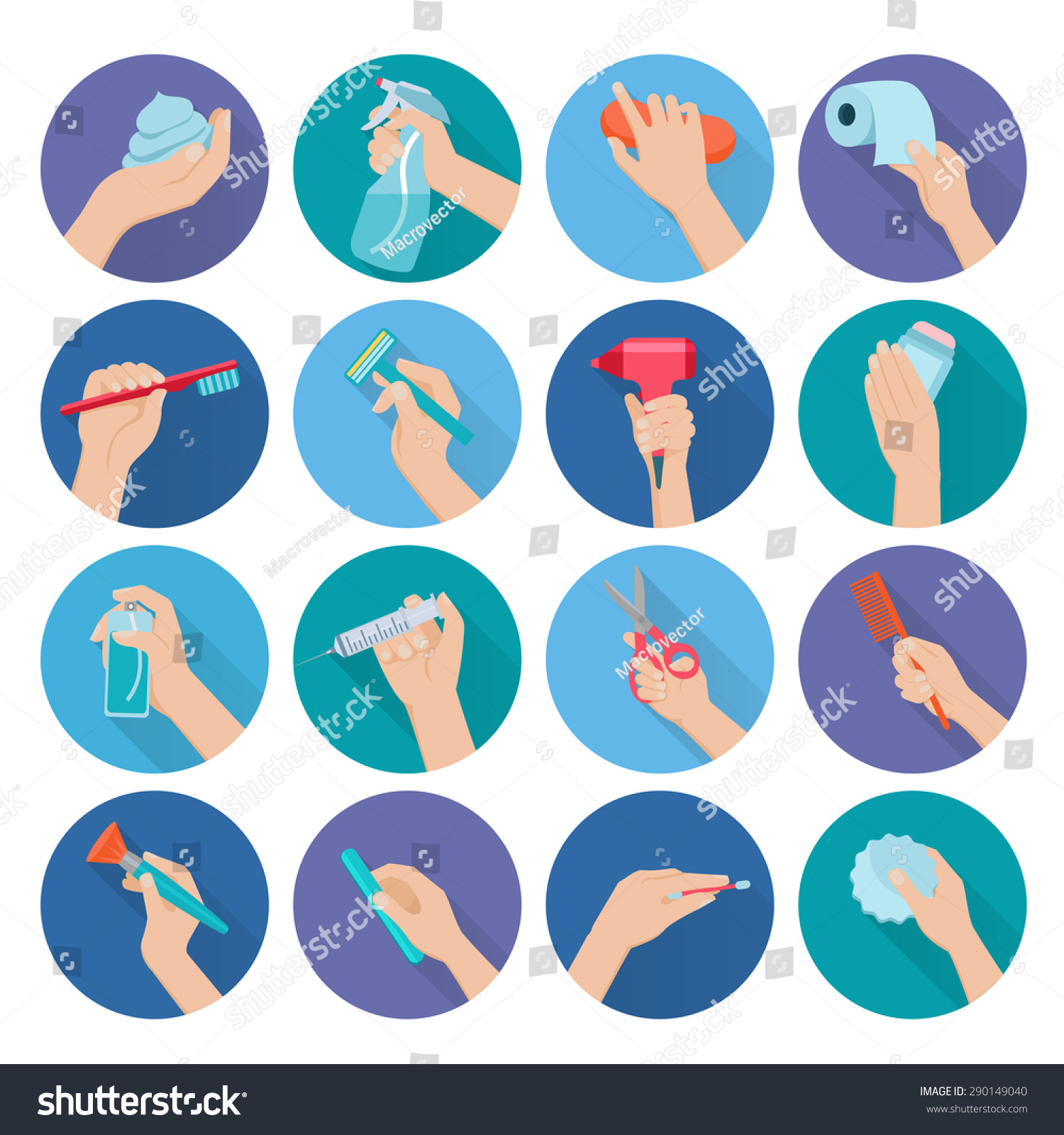 Hand Holding Personal Hygiene Objects Flat Icons Set Isolated Vector Hand Holding Personal Hygiene Objects Flat Icons Set Isolated Vector