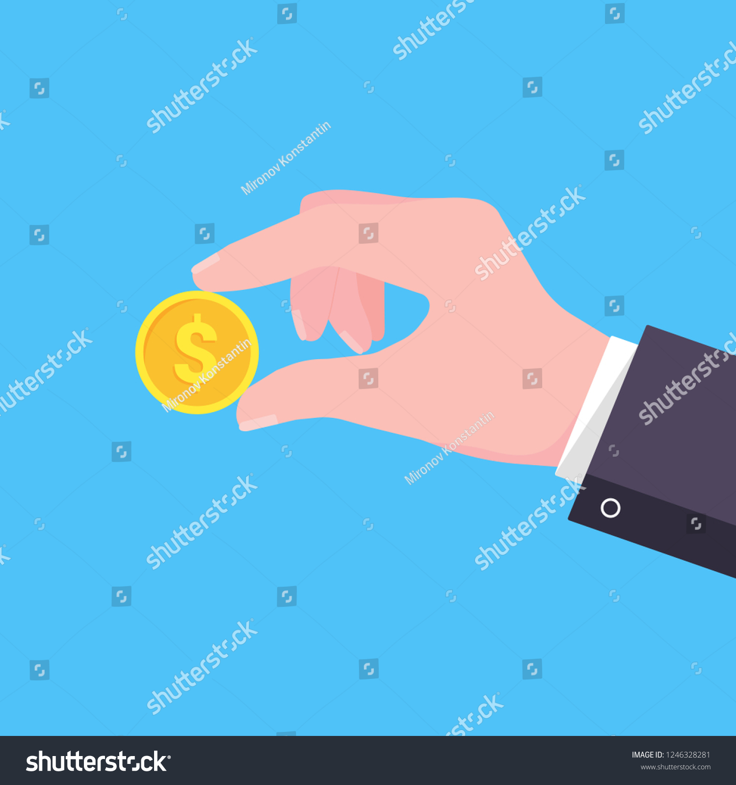 SVG of Hand holds golden coin in two fingers flat style design vector illustration. Donate dollar currency or more. Symbol of donation isolated on light blue background. svg