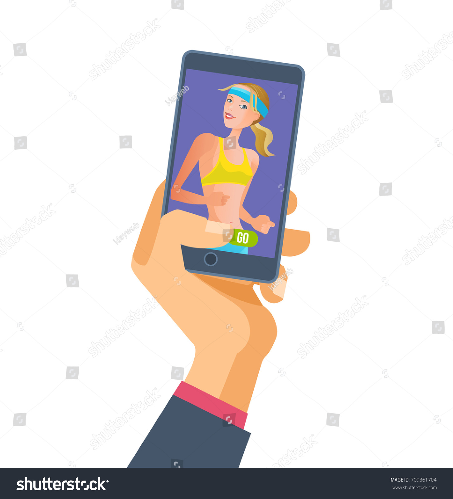SVG of Hand holds the smartphone. Fitness application on the phone with a touch screen. Control and management of sports and tracking results. Mobile applications. Vector illustration isolated. svg