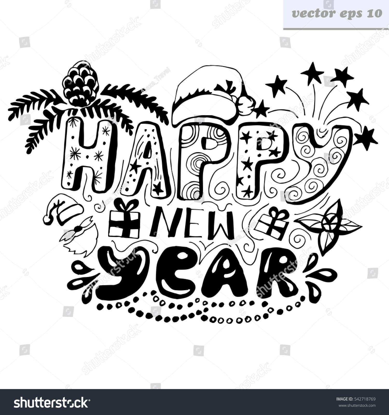 Hand Lettered Vector Illustration Of Happy New Year Sign. Black And White Illustrationi. Element