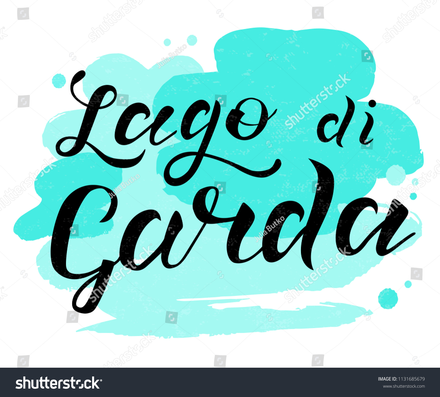 SVG of Hand lettering black text Lago di garda on white background with turquoise spots. Lake inf Italy. Modern calligraphy vector Illustration. Print for logo, travel, map, catalog, poster, blog, banner. svg