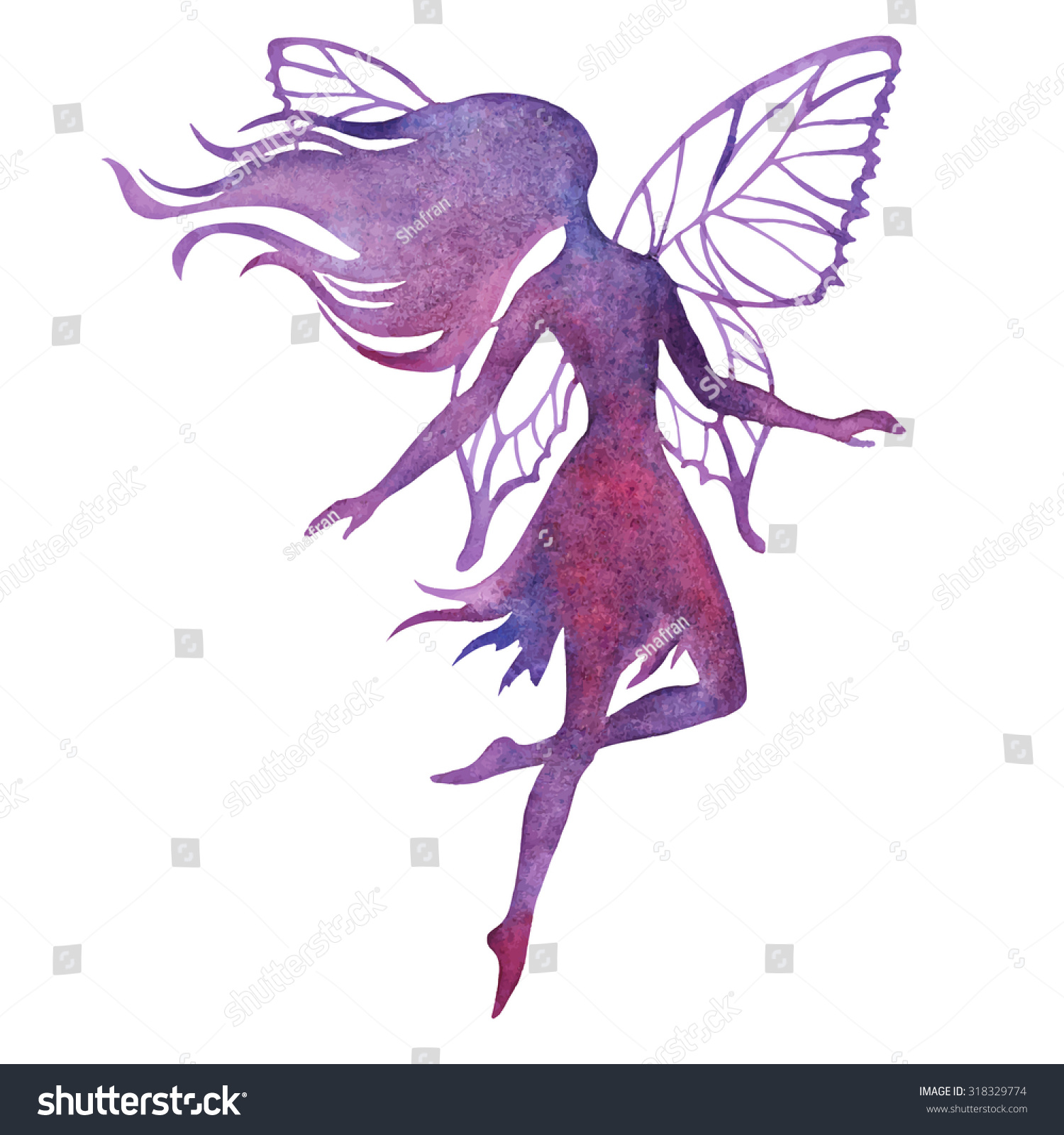 Hand Paint Fairy Watercolor Vector Silhouette Stock Vector (Royalty ...