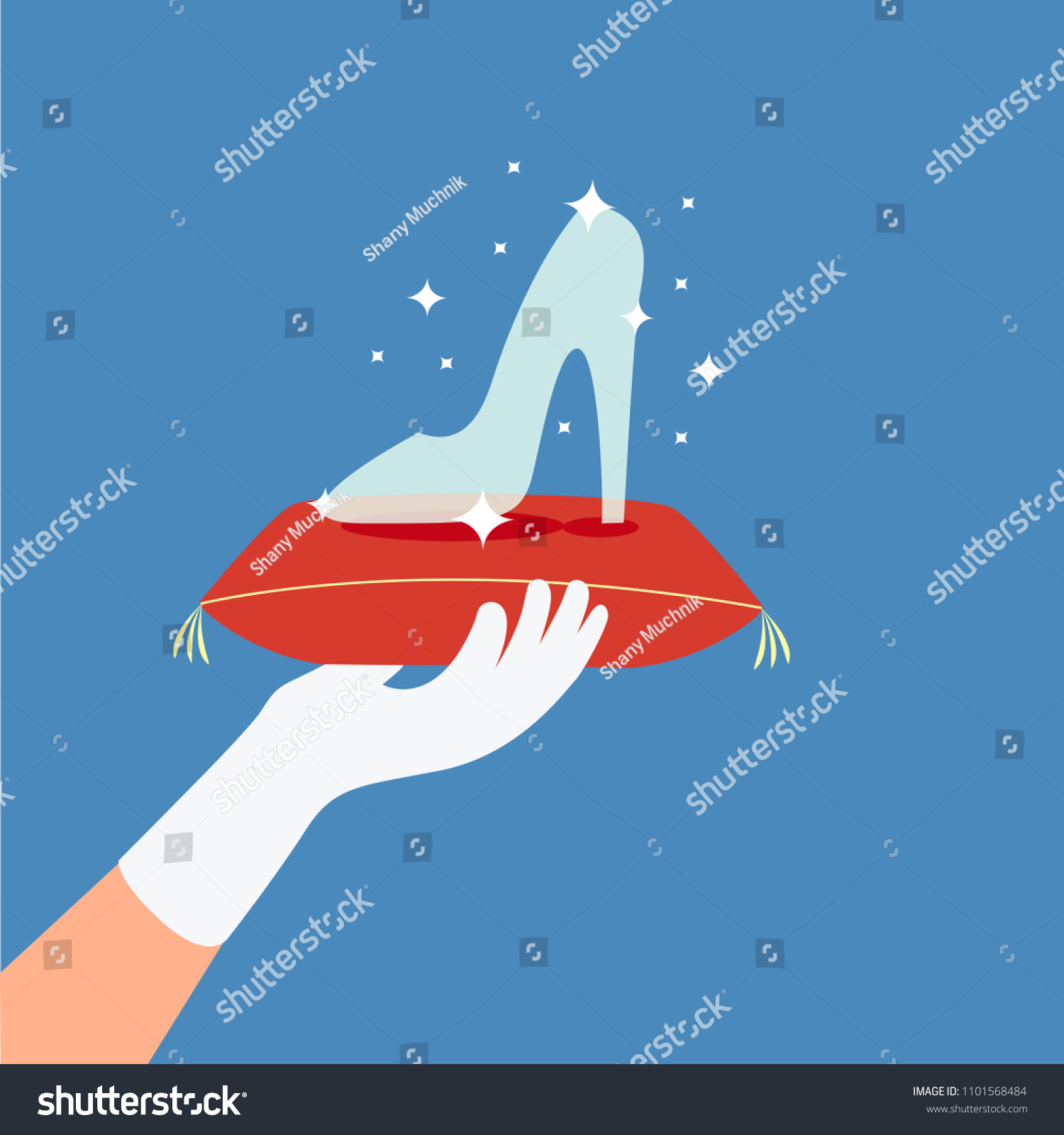 SVG of hand prince holding a princess shoe or cinderella glass slipper vector isolated on cushion or pillow. love story concept & creative cartoon. white glove flat design. wedding card. dating & blind date svg