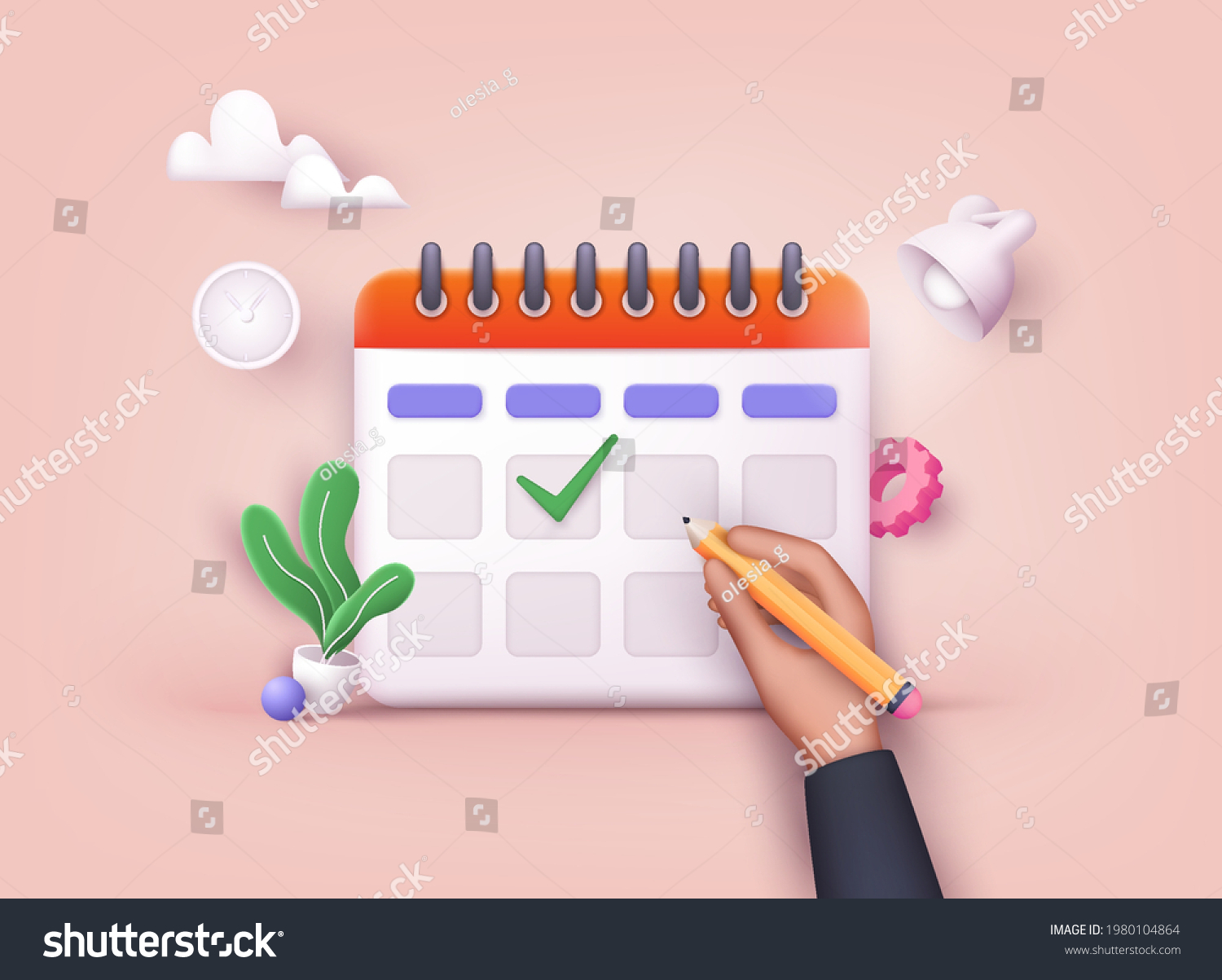 SVG of Hand putting check marks on calendar. 3D Web Vector Illustrations. svg