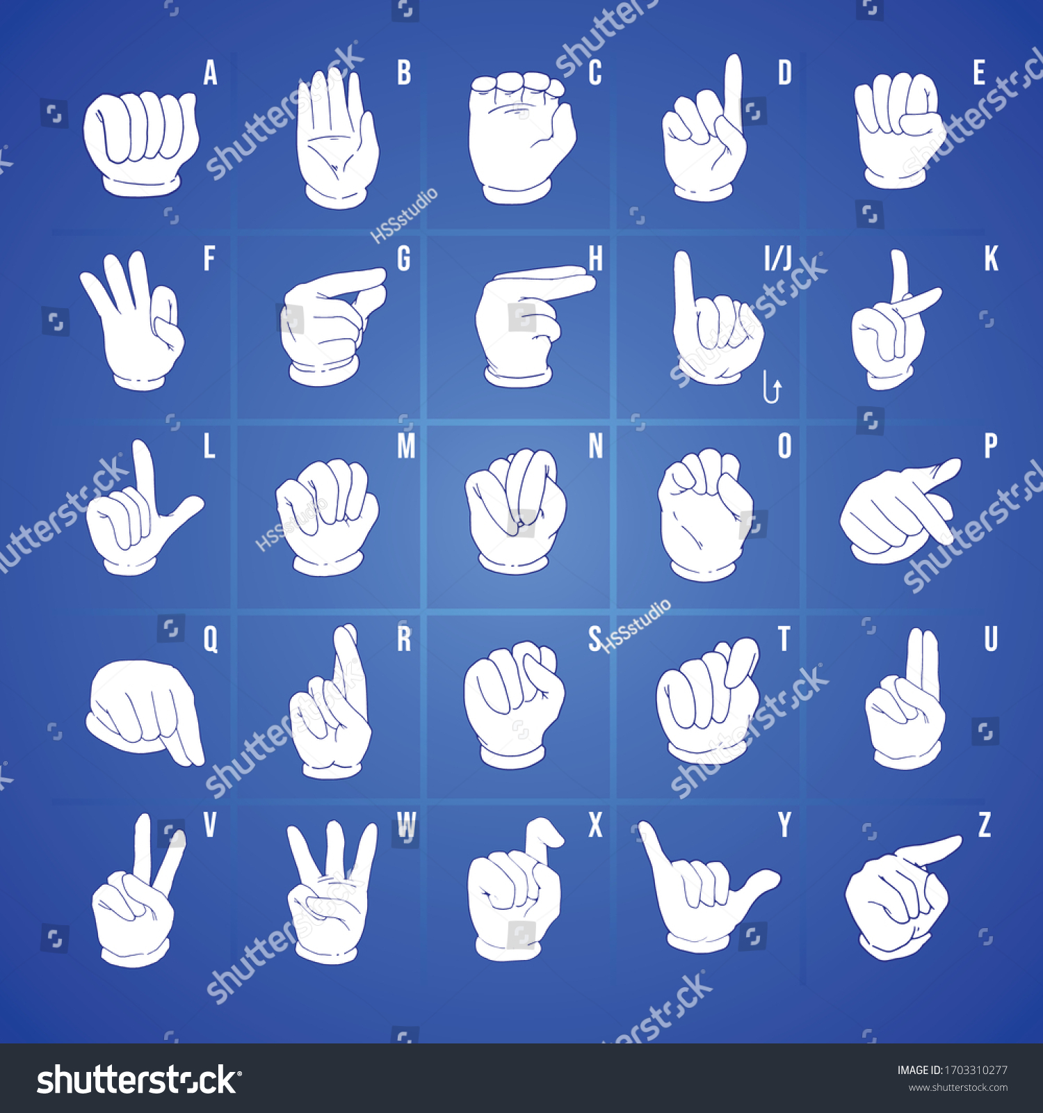 Hand Sign Language Alphabet Collection Vector เวกเตอร์สต็อก ปลอดค่าลิขสิทธิ์ 1703310277 