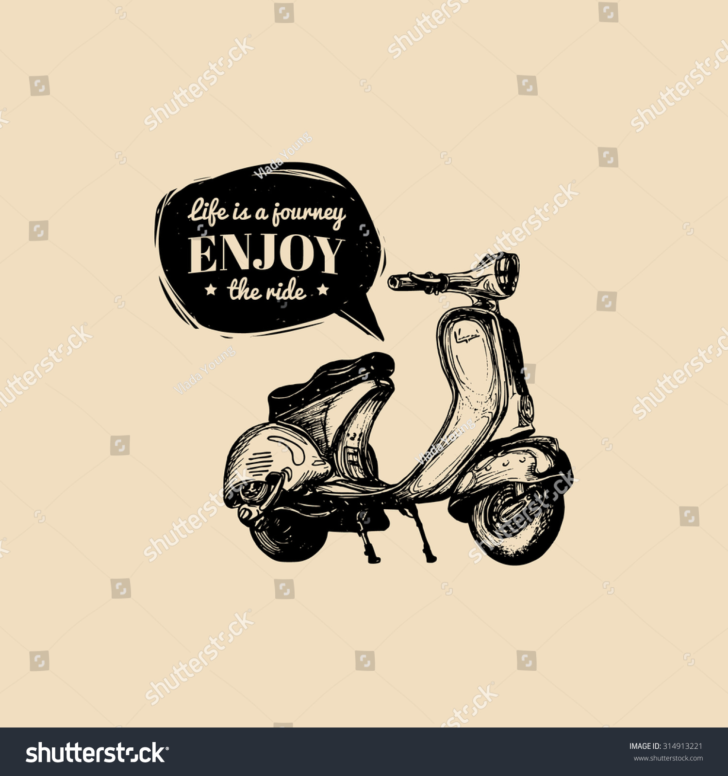 Hand sketched scooter banner with motivational quote Life is a journey enjoy the ride in