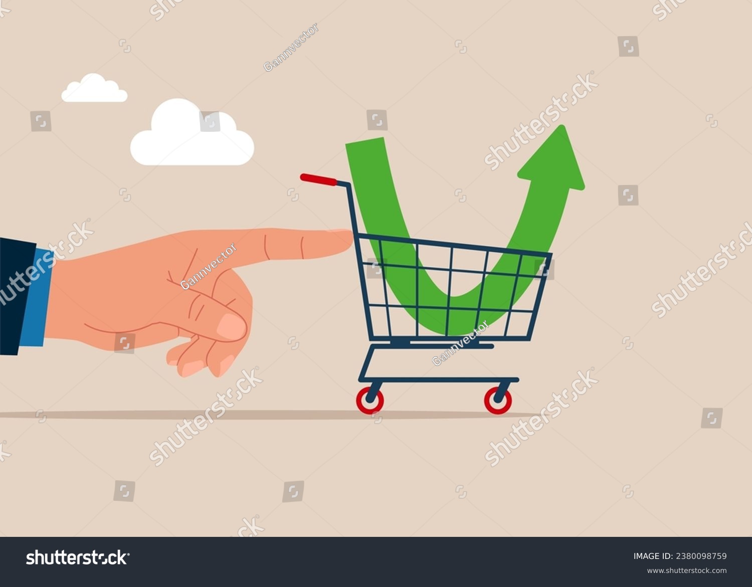 SVG of Hand with pointing finger pushes shopping cart with down arrow graph. Purchase stock when price drop. Vector illustration. svg