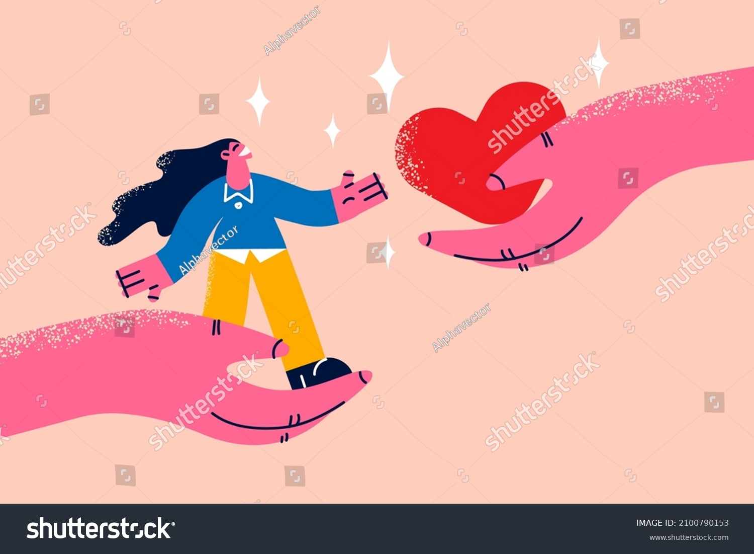 SVG of Hand with woman and heart shape. Concept of support and kindness in community. Female volunteer share empathy and hope with needy. Help and compassion in life. Flat vector illustration.  svg