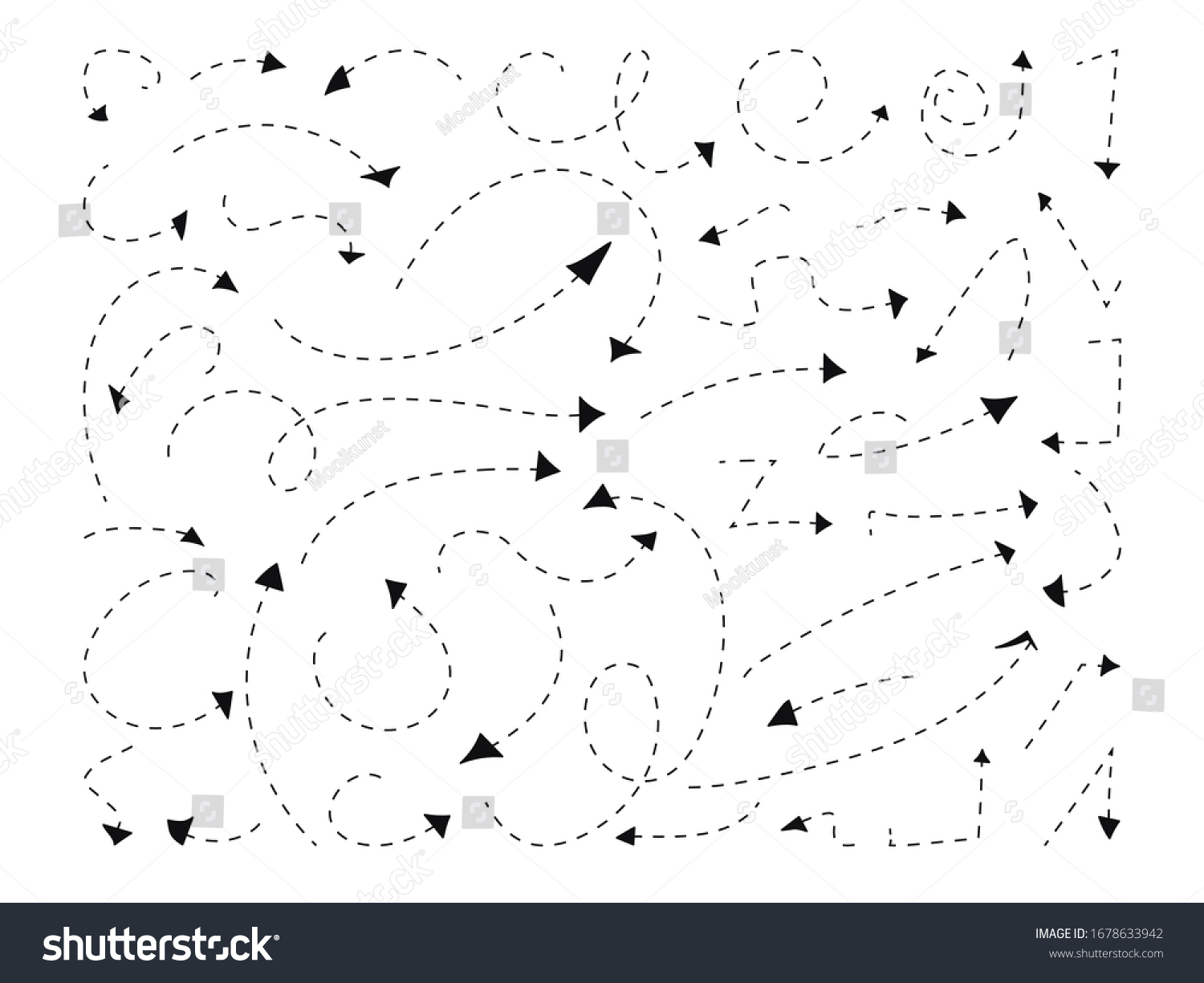SVG of Handdrawn black dotted line arrows set. Doodle left right down direction sign. Sketch curve dash zigzag arrow symbol. Business growth up graphic design elements. Isolated on white vector illustration svg