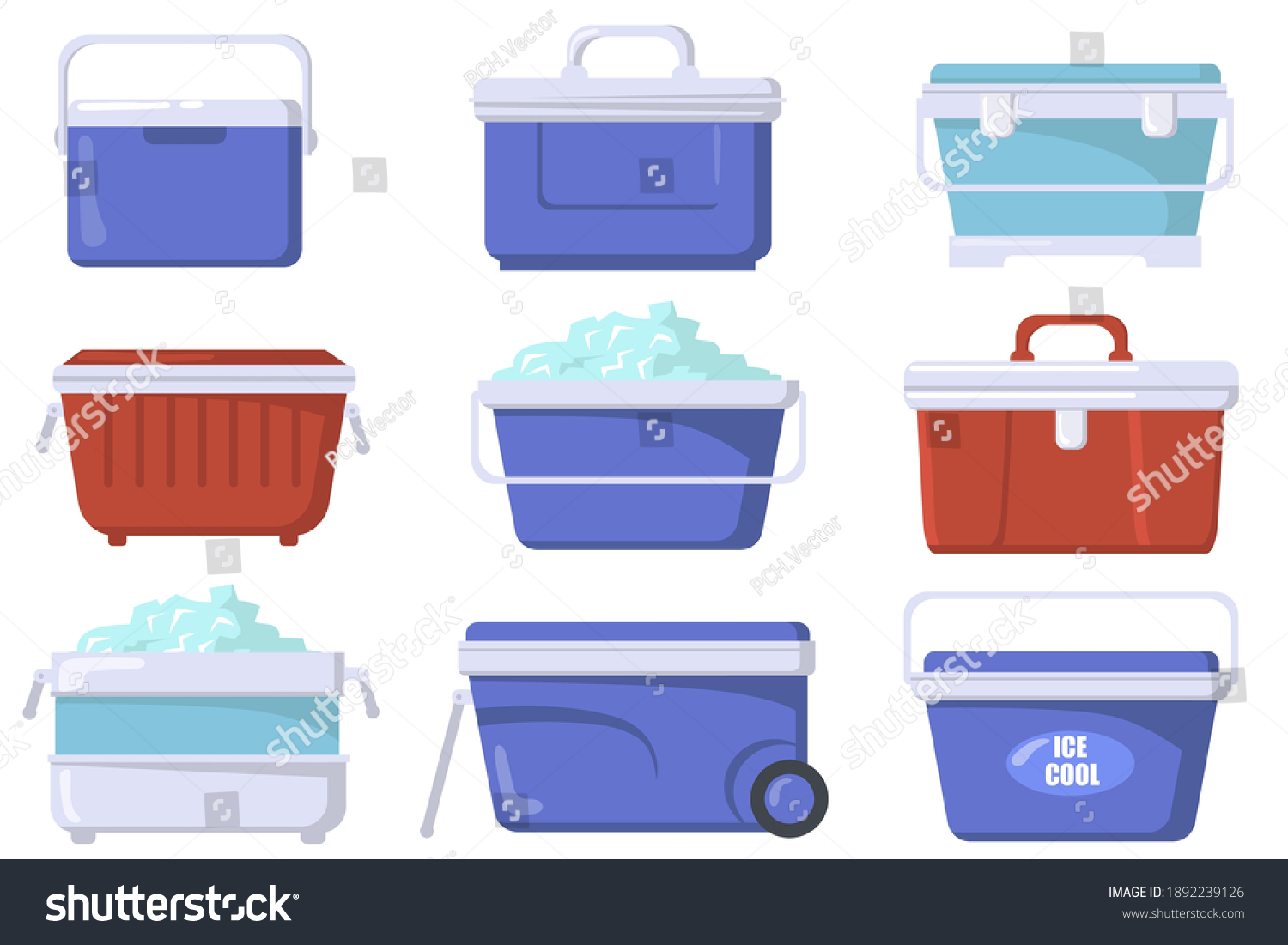 SVG of Handheld ice cooler boxes flat set for web design. Cartoon iceboxes and containers for picnic isolated vector illustration collection. Camping refrigerators and storage concept svg