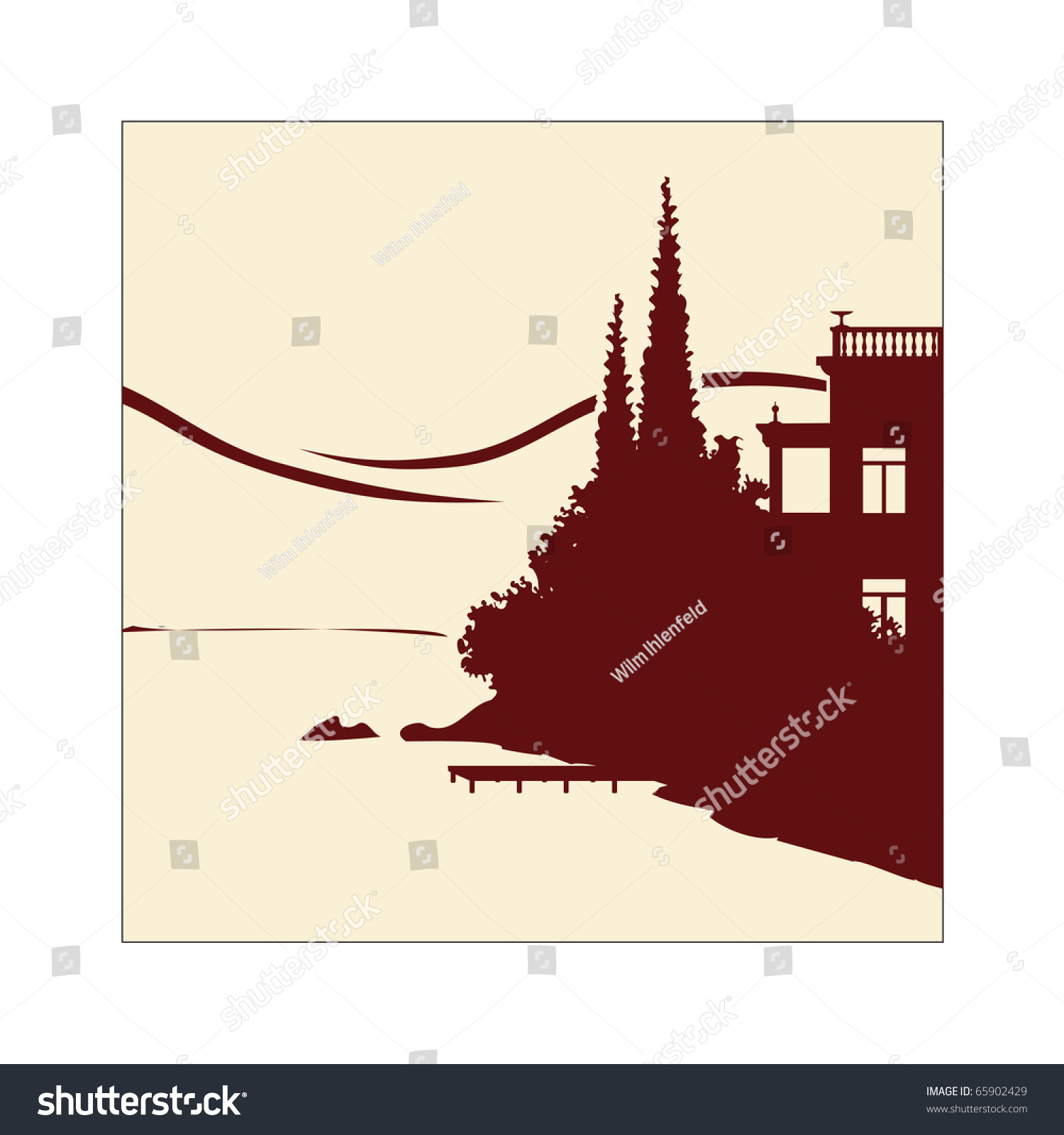SVG of Handmade vector illustration of an old villa by a lake svg