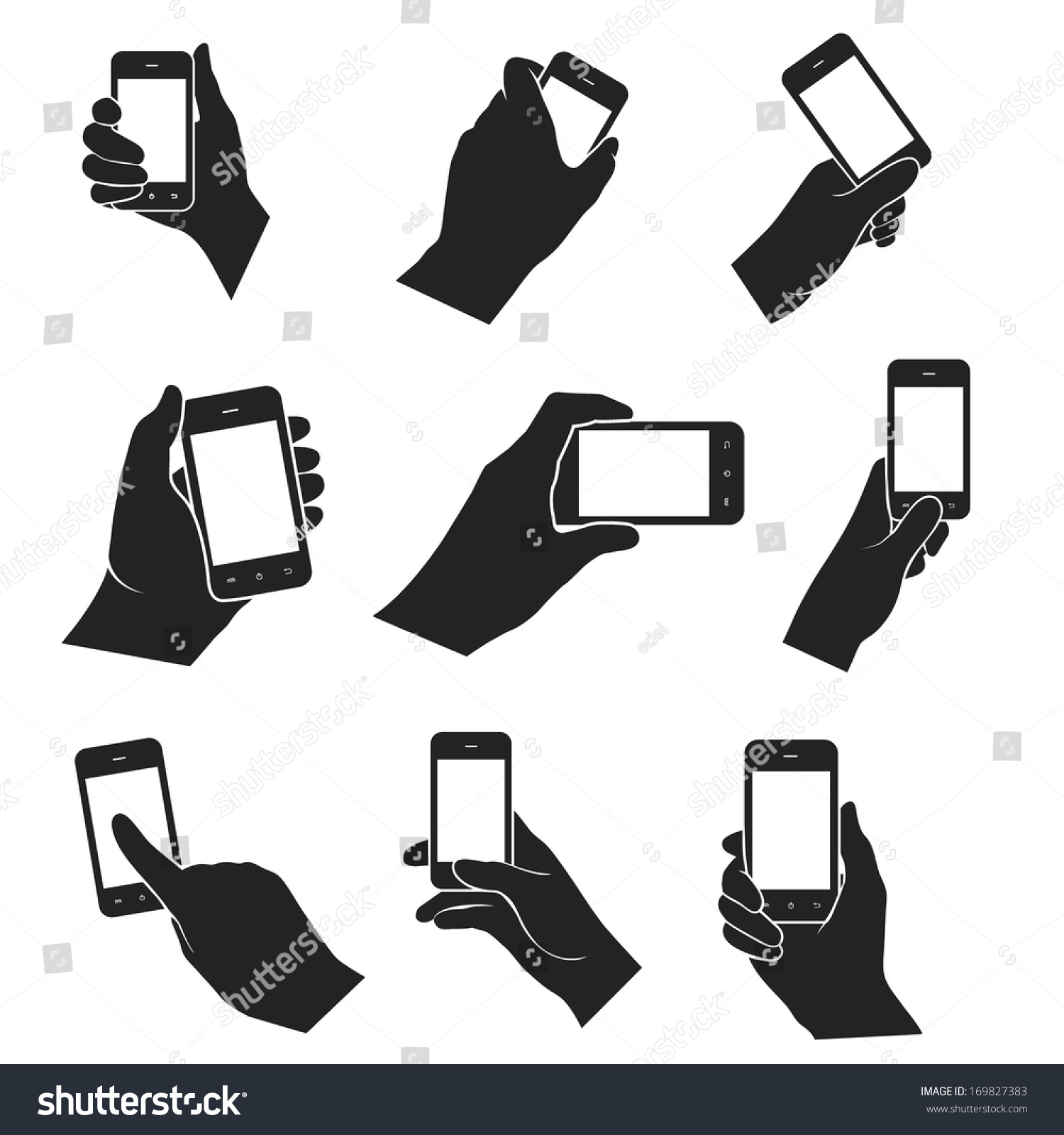 Hands Holding And Pointing Smart Phone Web Black And White Flat Design ...